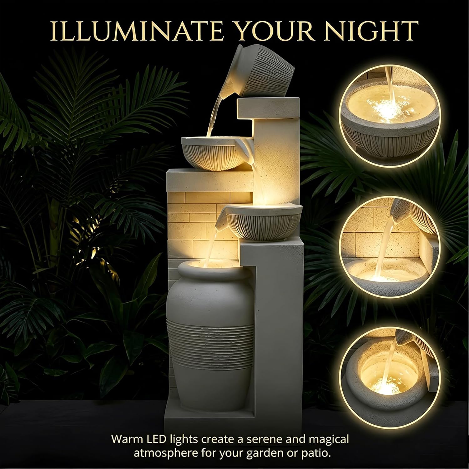 42.52" 4-Tier Outdoor Garden Water Fountain, Floor-Standing Cascading Waterfall with LED Lights, Rustic Pot Water Feature for Patio, Backyard, Deck, Porch, Indoor Outdoor Home Decor