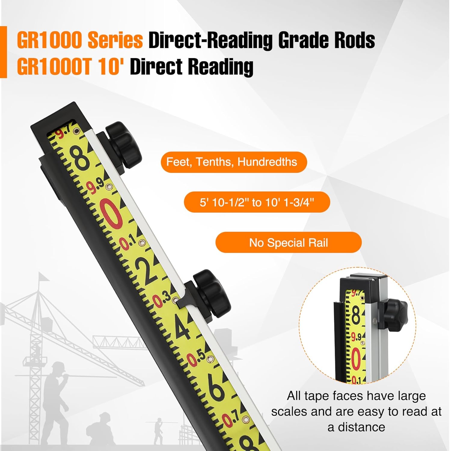GR1000T 10’’ Direct-Reading Grade Rod, Optical Version Elevation Rods From 5’10-1/2’’ to 10’1-3/4’’ with Large Scales and Easy to Read, 10-Foot Length Measurements in Feet, Tenths, Hundredths