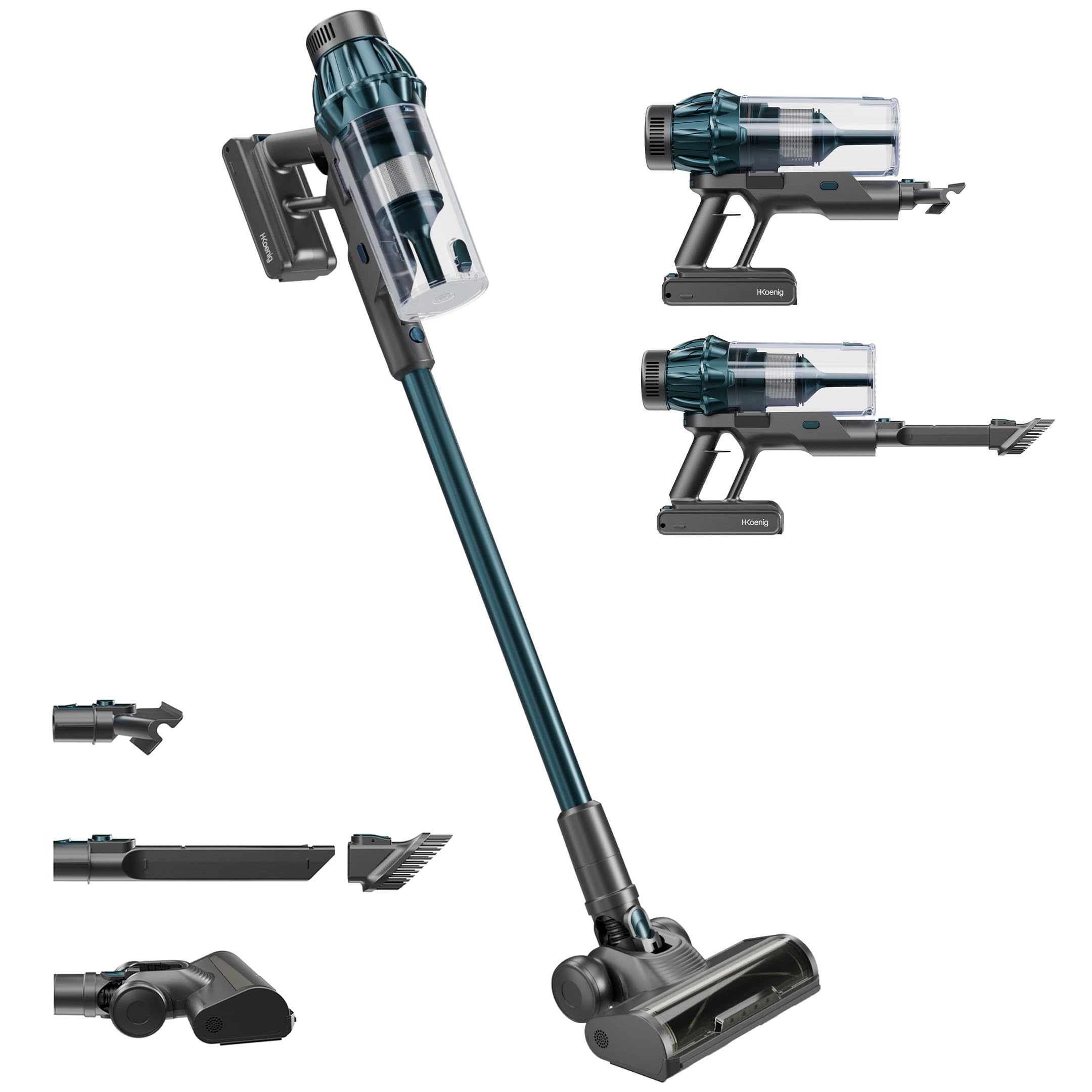 H.Koenig - Aspirador 2 en 1 inalámbrico UPX32, Autónomo hasta 50 min, 3 velocidades de aspiración, 400W, Ligero y Compacto, 4 Accesorios incluidos, Cepillo led, Azul