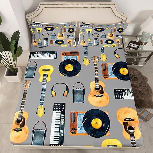 Miniatura 2 de Erosebridal Juego de sábanas de instrumentos musicales, juego de sábanas de guitarra acústica, teclados de piano, bajo, sábanas de tema musical