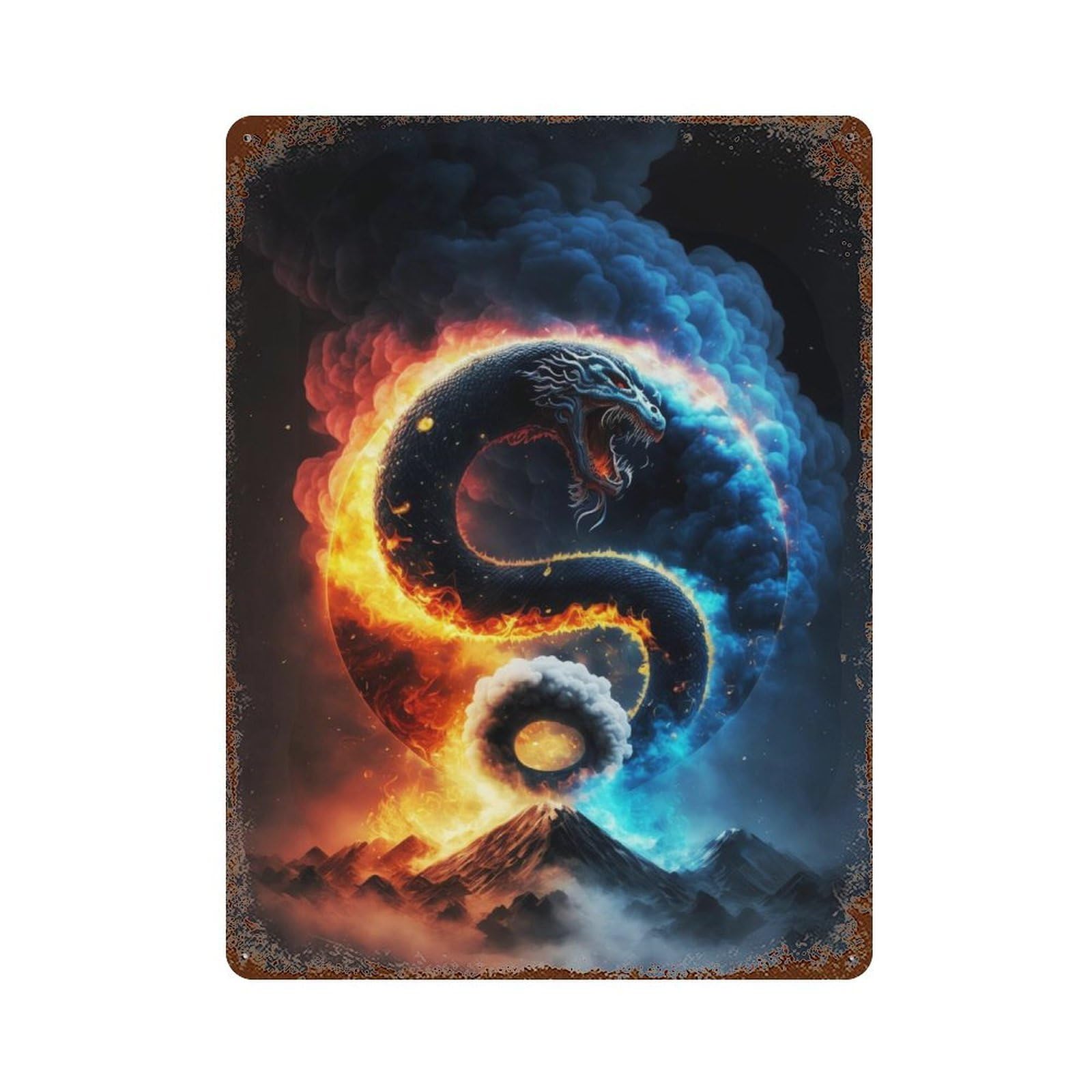 Rusty Metal Tin Sign with Yin Yang Snake Art Print Design 15.7"x11.8", for Farmhouse, Kitchen And Entryway Decor, Classic Wall Plaque