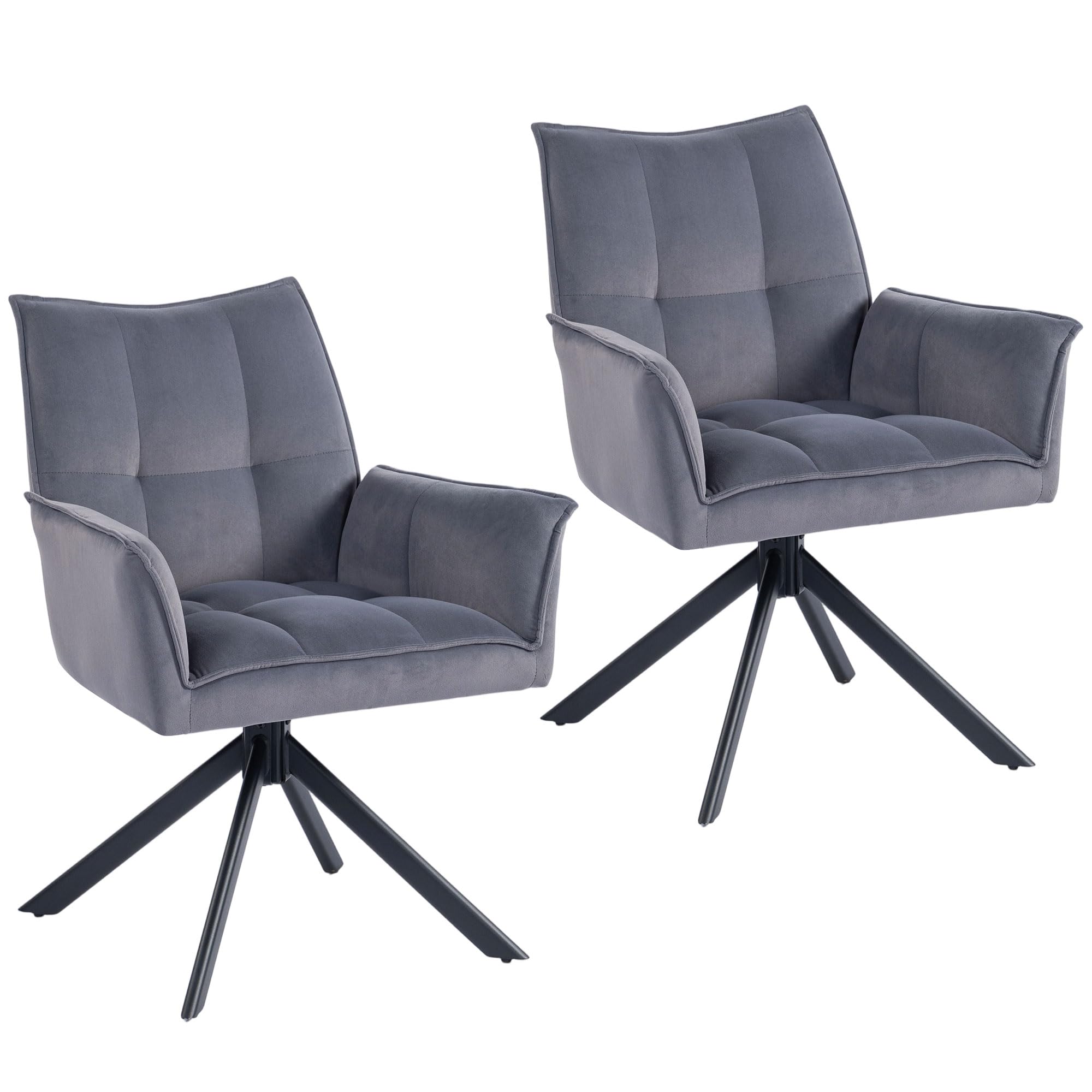 HOMCOM Juego de 2 Sillas de Comedor Giratorias 360° con Reposabrazos Gris | Sillas de Cocina, Respaldo Acolchado, Tapizado en Terciopelo, Patas de Acero, para Oficina, Conferencia, Sala de Estar