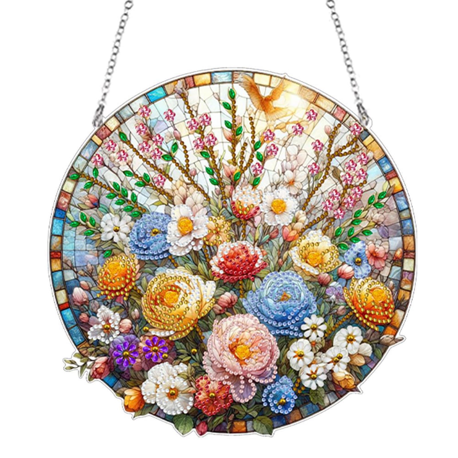 JJFox DIY Diamond Art Painting Wreath Kits，Special Shaped Rhinestone Hanging Ornament Diamond Art Acrylic Window Pendants for Gift Home Garden Wall Hanging Kits(Flower-1)