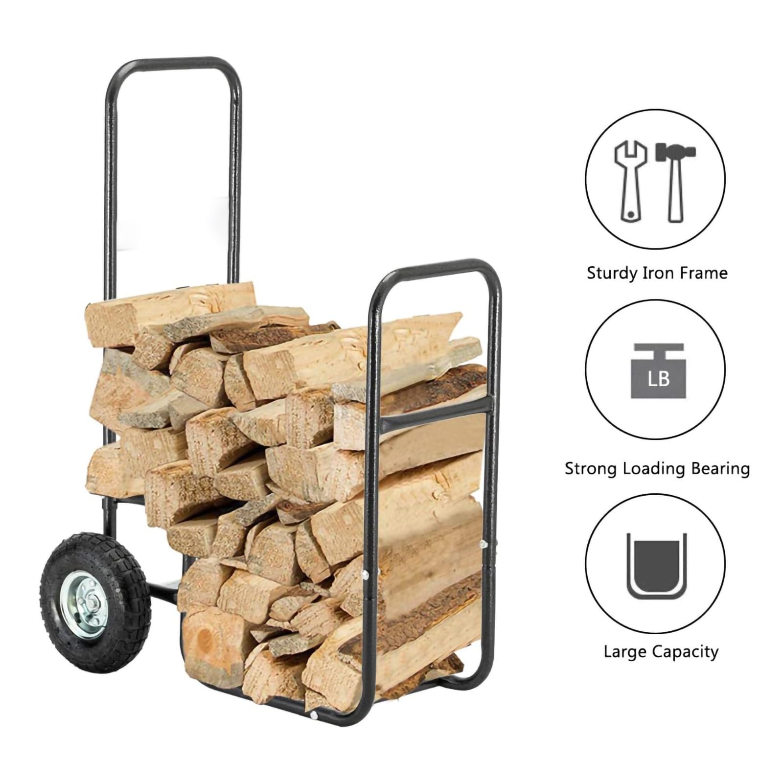 Carrello per legna da ardere con ruote grandi, carrello per legna da ardere, per interni ed esterni, design robusto