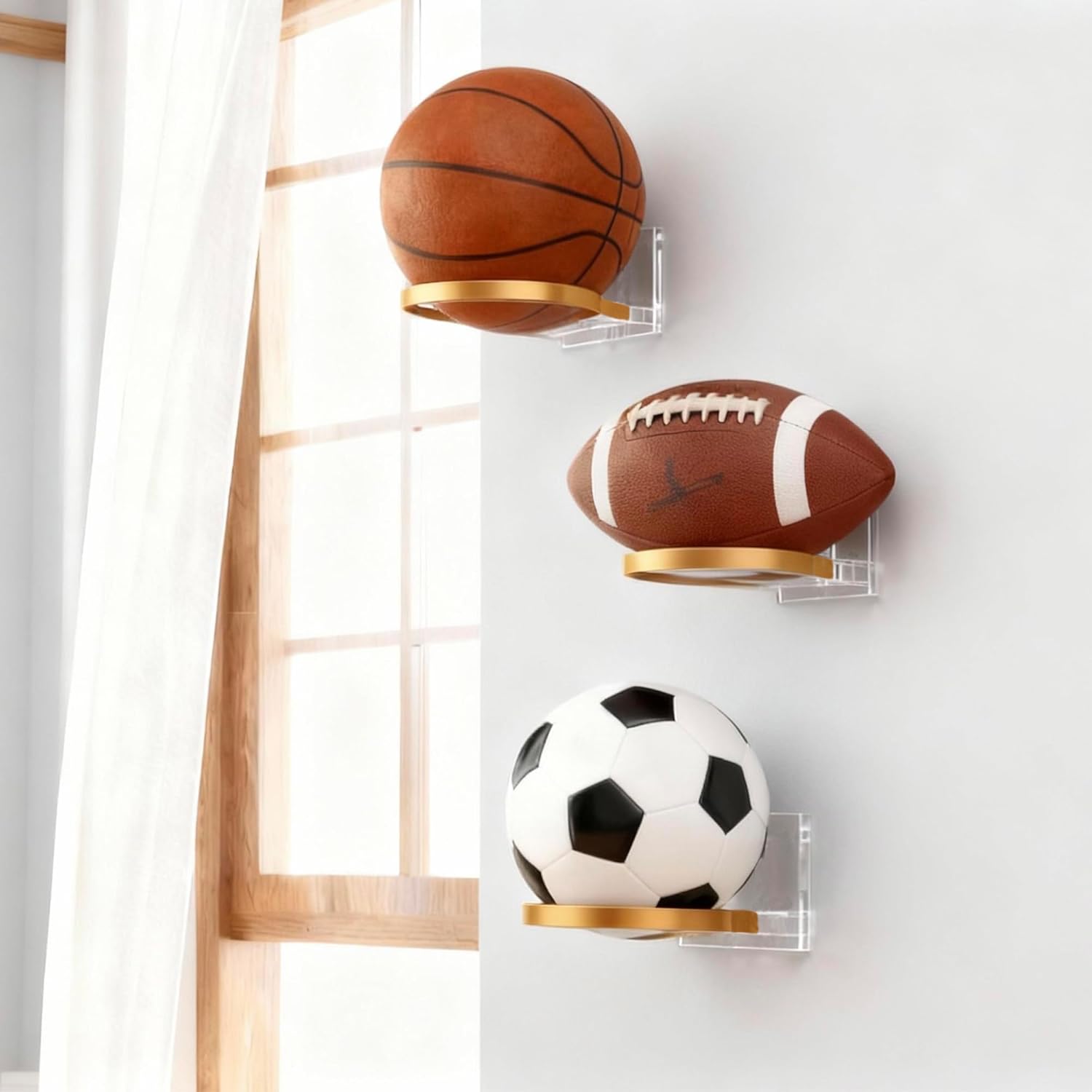 Basketball Holder Wall Mount, Ball Storage Display Stand for Teen Boy Room Décor, Acrylic Ball Rack Shelf for Soccer Accessories