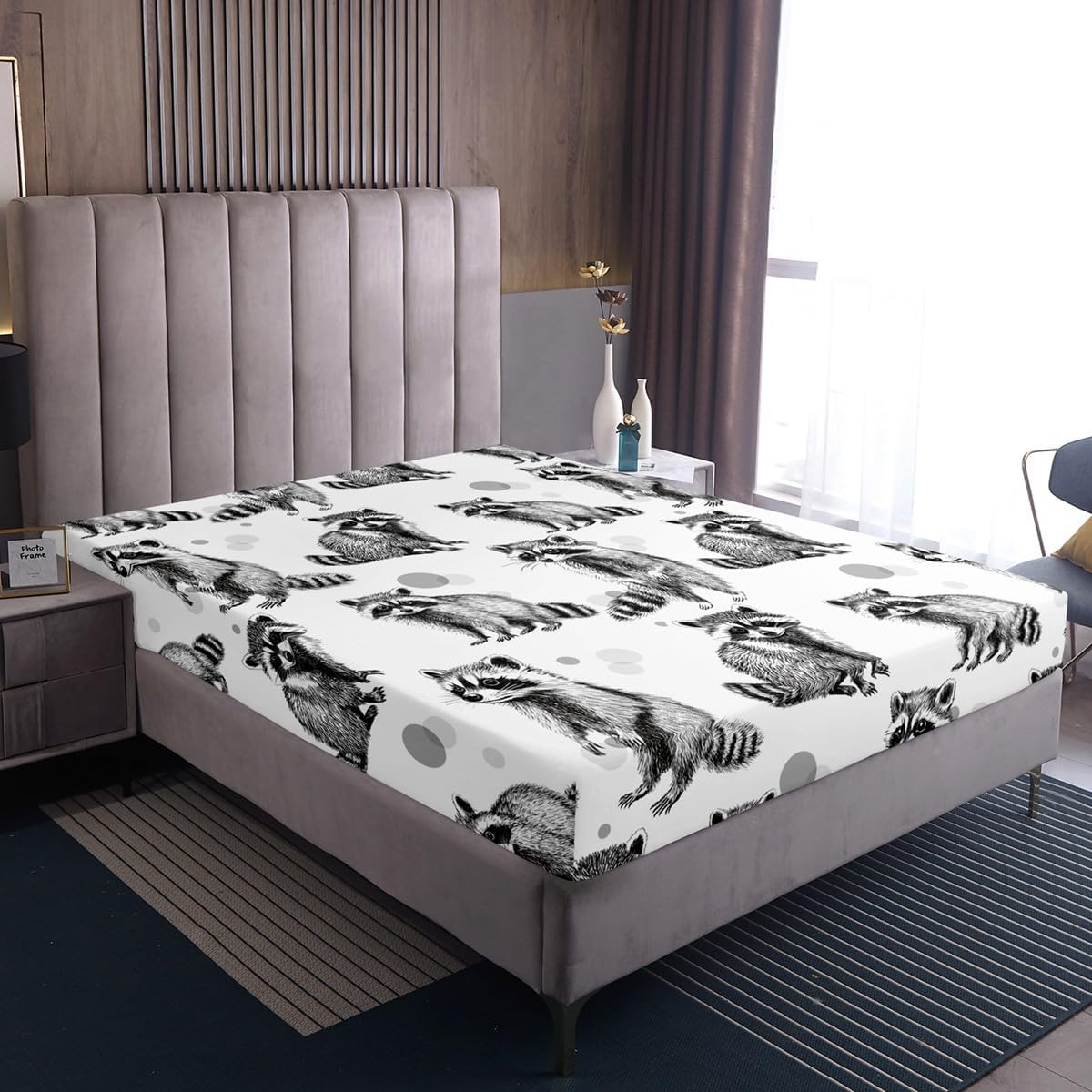 Raccoon Fitted Sheet Black and White Bed Sheets for Kids Boys Teens,Cute Wild Animals Bedding Sets Lovely Wildlife Bedding Decor Set Grey Sketch Hand Drawn Bedroom Decor Queen Size