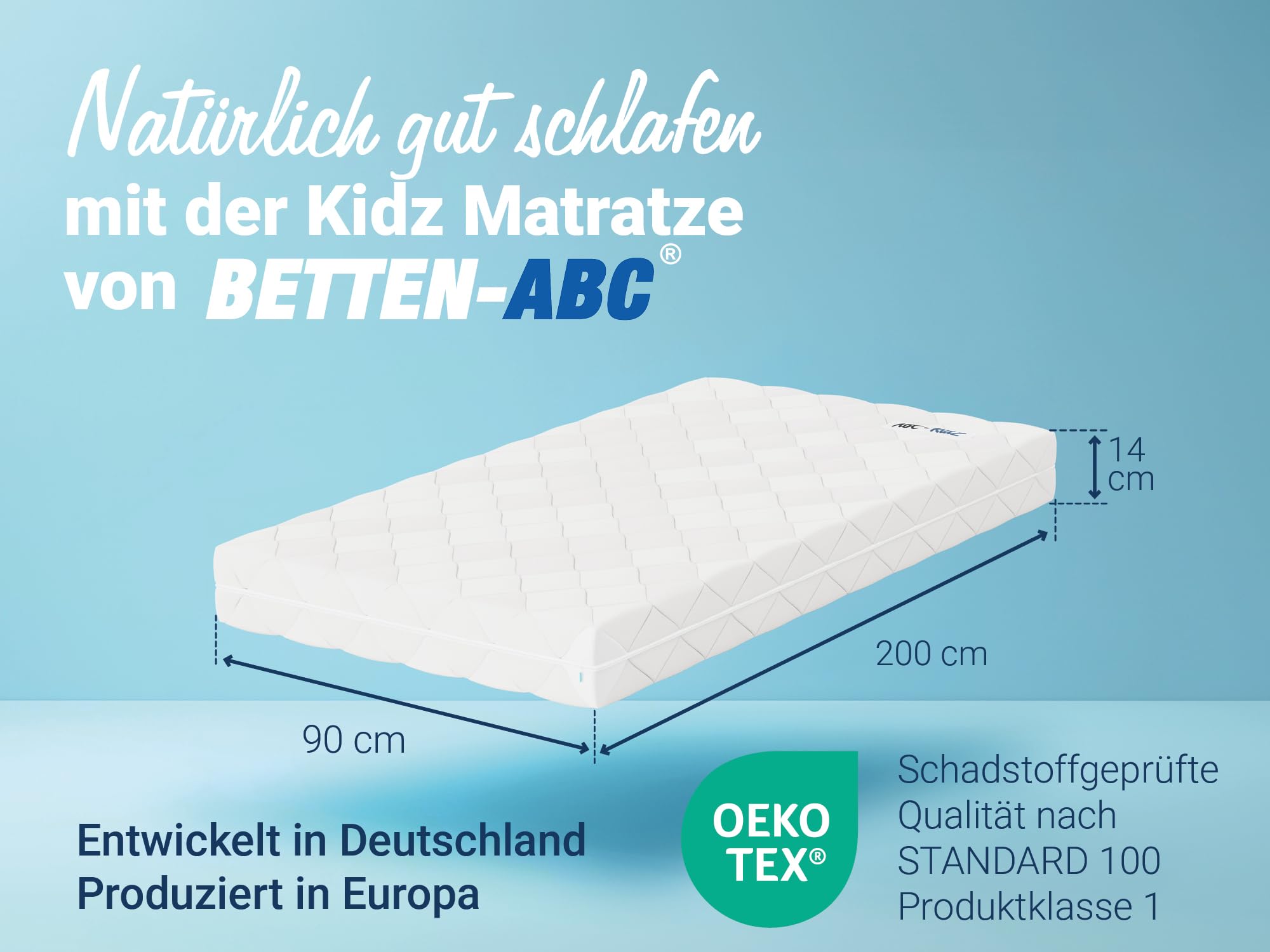 Betten-ABC Matratze 90x200 cm für Kinder & Jugendliche Oeko-TEX zertifiziert abnehmbarer waschbarer Polyester-Bezug