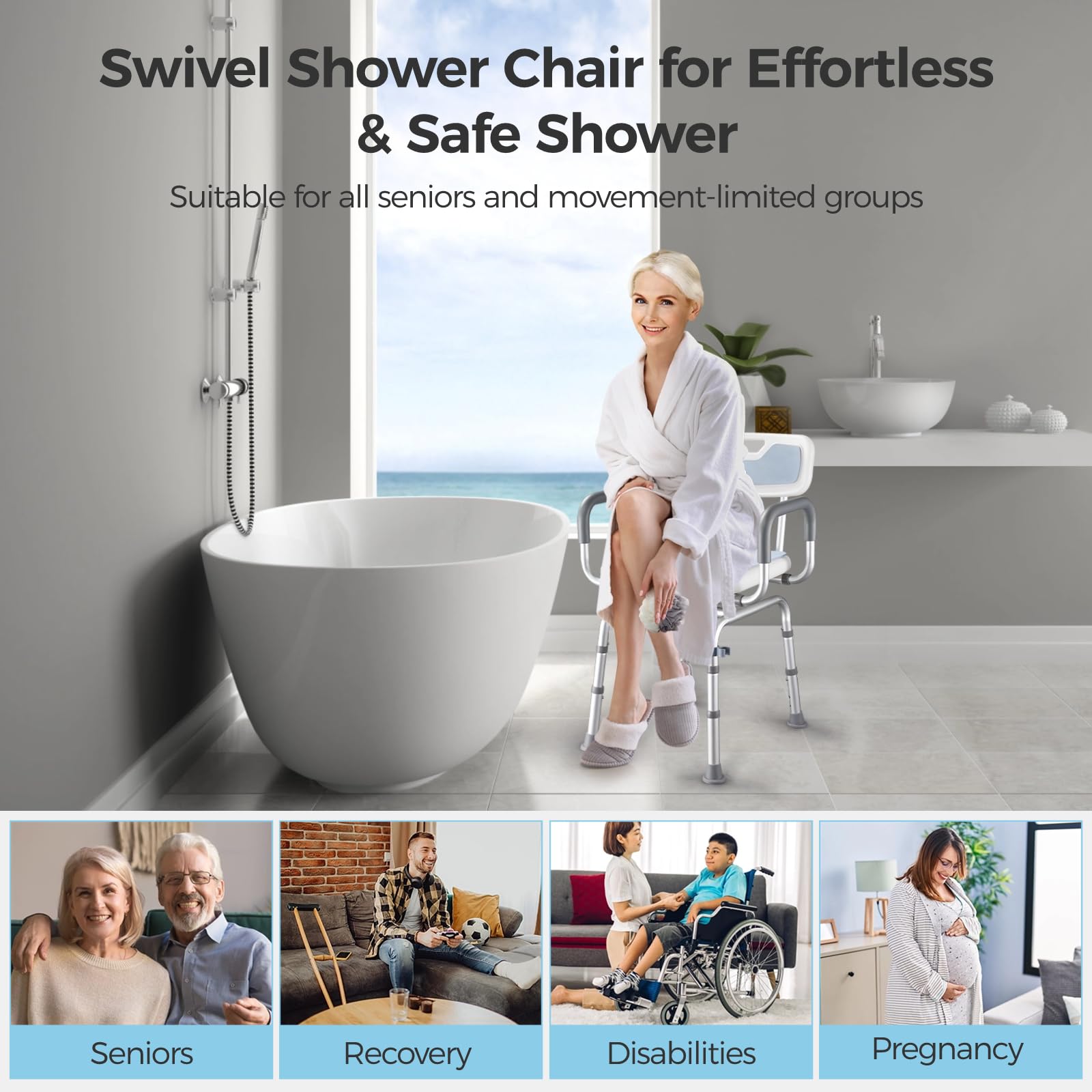 Silla de ducha giratoria con brazos y respaldo, silla de ducha giratoria Hybodies con altura ajustable, taburete de transferencia de bañera antideslizante, taburete ajustable seguro para