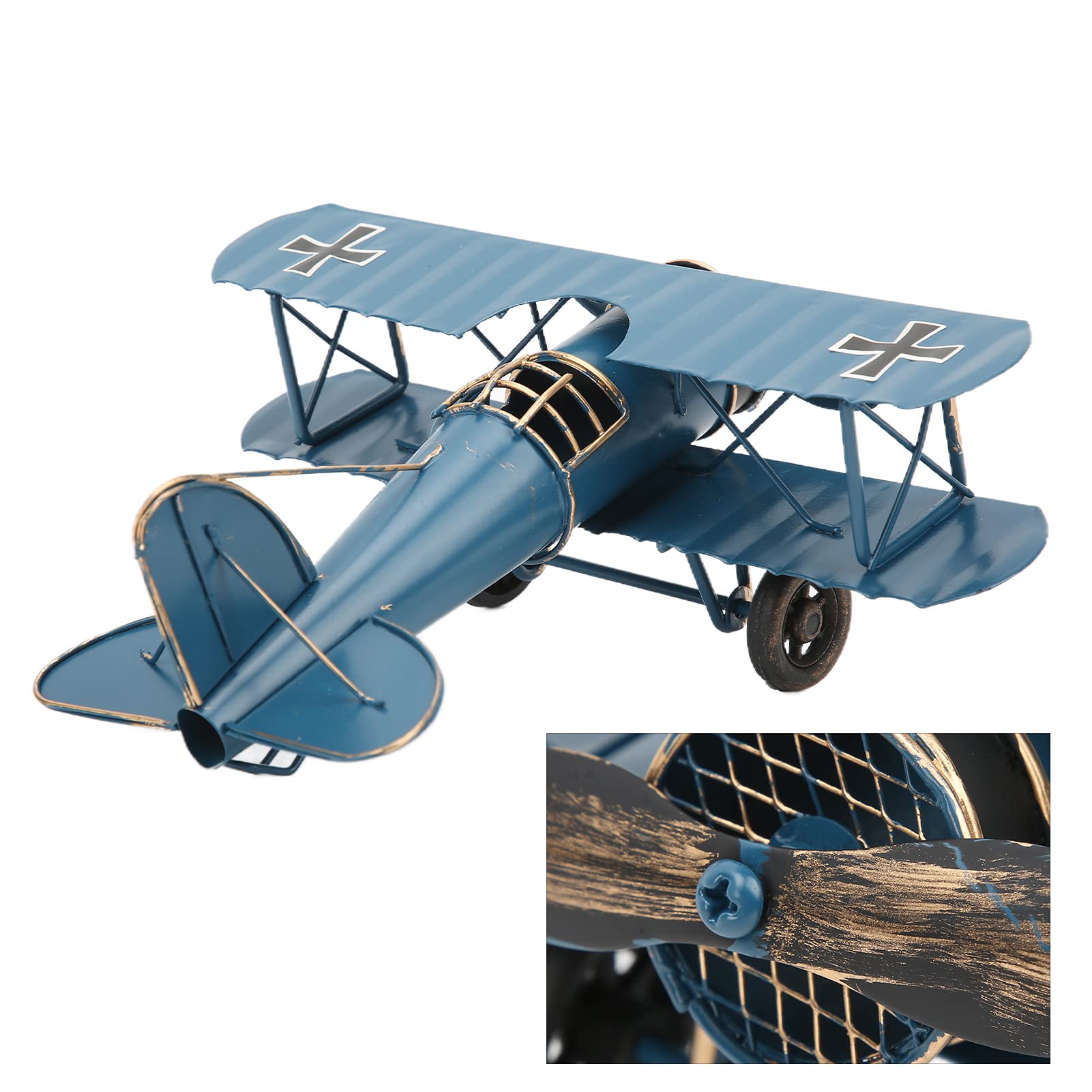 Modelo de Avión Retro Ornamento de Biplano de Metal de Hierro Forjado para Decoración del Hogar o Cafetería - Aeronave del Modelo Amarillo (Blue)