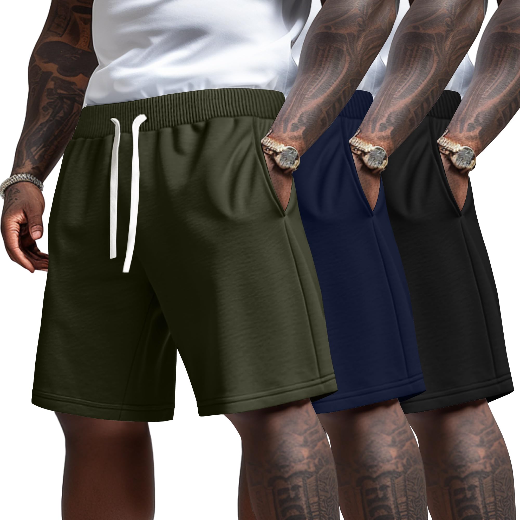 Ficerd 3 Pack Big and Tall Men's Sweat Shorts 9'' Plus Size Bermuda Drawstring Elastic Waist Shorts with 3 Pocket