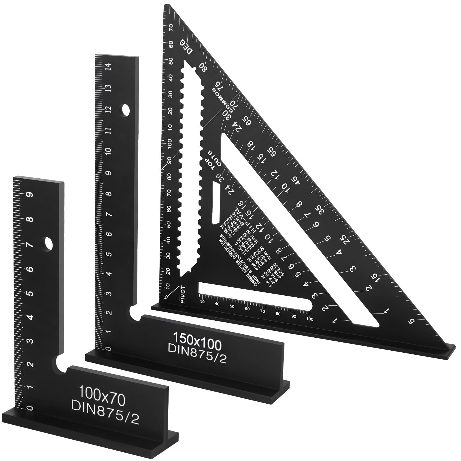 Escuadra Carpintero, 180mm Regla Métrica Triangular de Aluminio, Triángulo de Carpintería 45-90 Grados con 2 Escuadras de Carpintero de 90°, kit Herramientas Carpintero para Medir, Marcar y Cortar