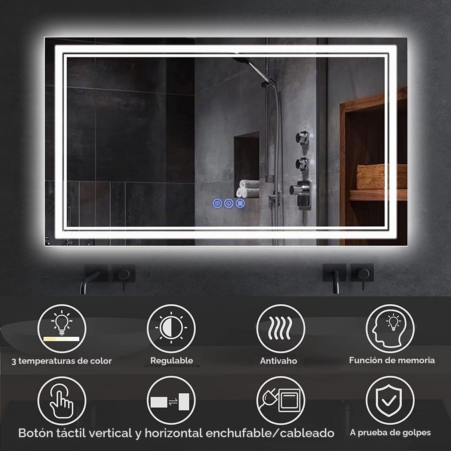 Espejo Baño con Luz LED 120x70cm,Espejos de Baño con LED,Memoria y Cristal Templado HD,Espejo Digital Antivaho con Regulación de Brillo Instalación Horizontal/Vertical