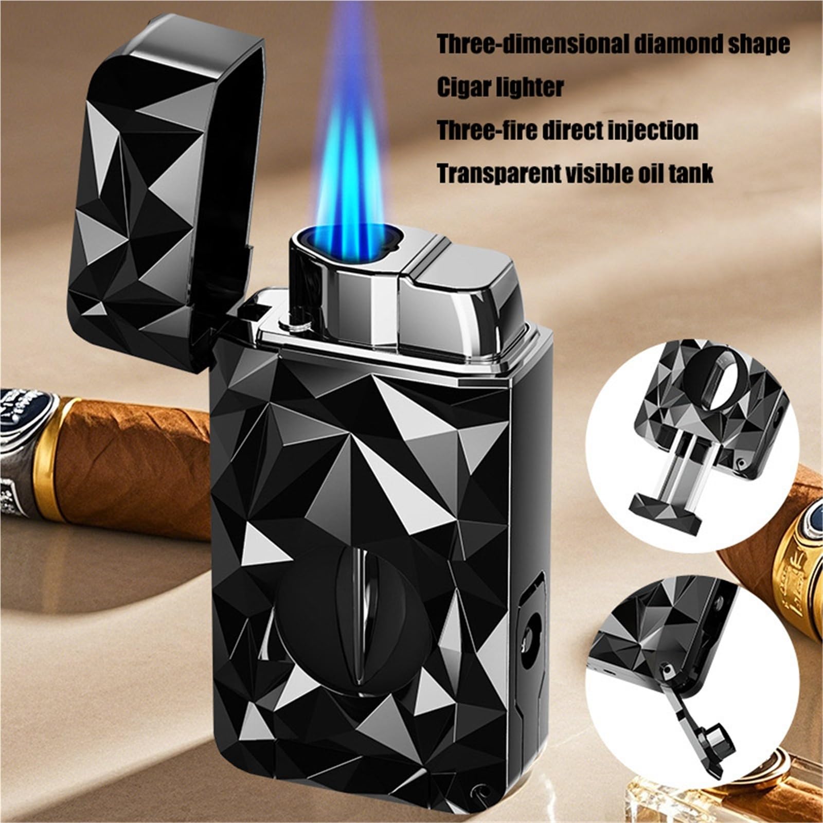 Encendedor de antorcha de butano, resistente al viento, triple llama, encendedor de gas recargable ajustable con ventana de combustible para hombres, perfecto para camping, al aire libre y parrilla