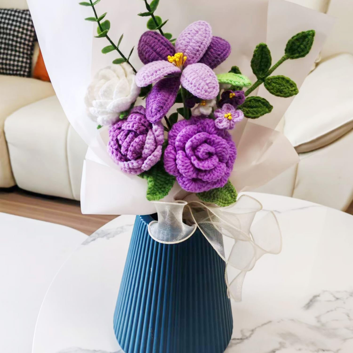 Handmade Crochet Sunflowers Rose Daisy as a Gift for Lover, Family,Friends. Crochet Bouquet, Crocheted Yarn Flowers, Artificial Flower Finished Bouquet (Purple) - Image 3