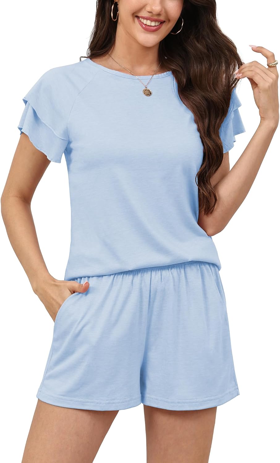 Anjue Summer Cotton 2Pcs Ruffle Sleeves Short Sleeve Women Pajama Sets Lounge Set