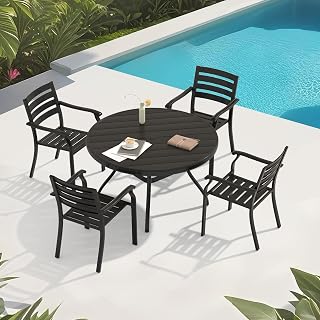 LIFE SKY 5-Piece Outdoor Patio Dining Set: 4 Stackable Metal Chairs & 40.6" Round Table - Water-Resistant Slatted Design for Vacation Rental Backyards & Poolside Lounging