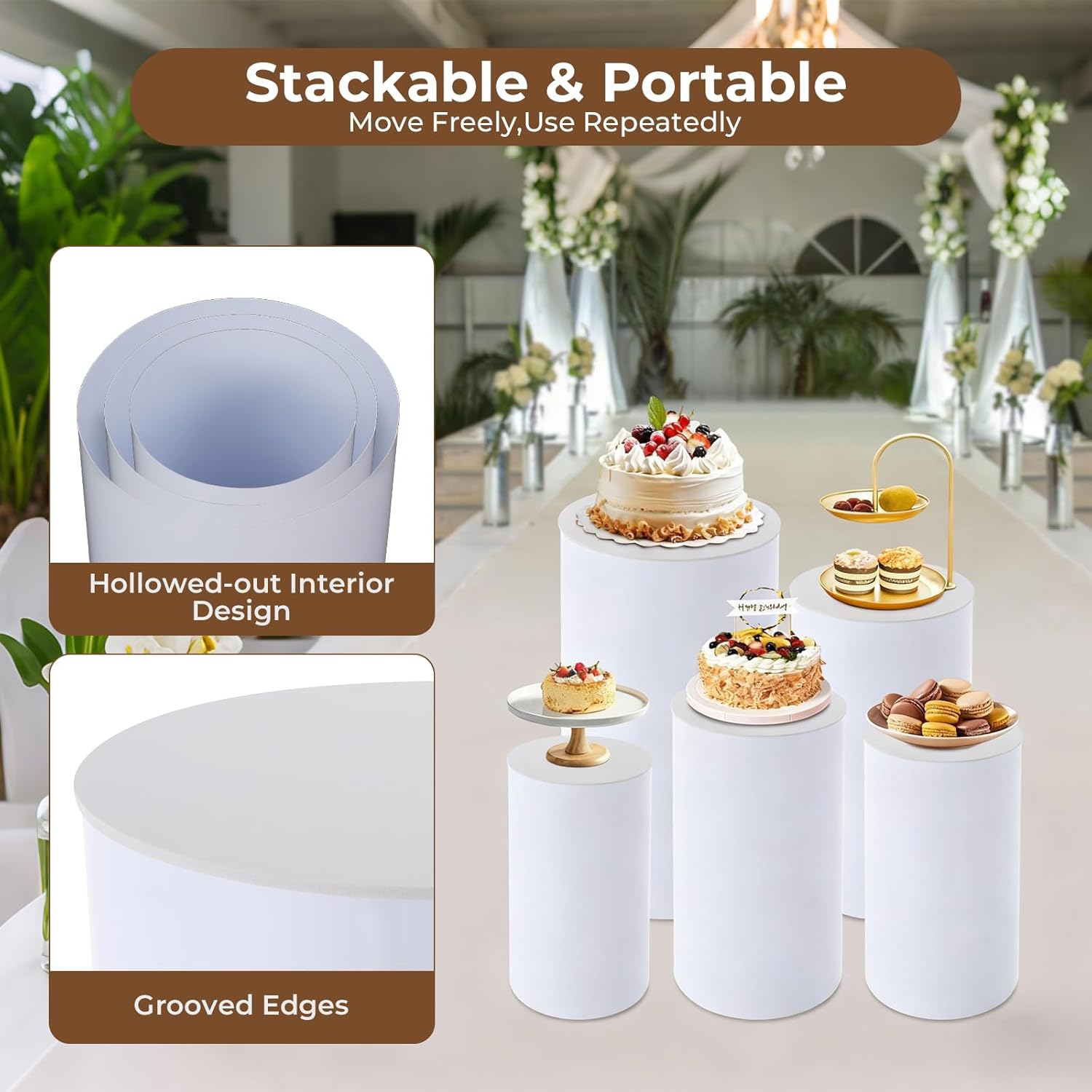 Cylinder Stands for Party, 5Pcs Round Cylinder Pedestal Stands, Wedding Round Cylinder Stands Event Cake Display Stand Pedestal Stand Display for Wedding Birthday Party Art Decor