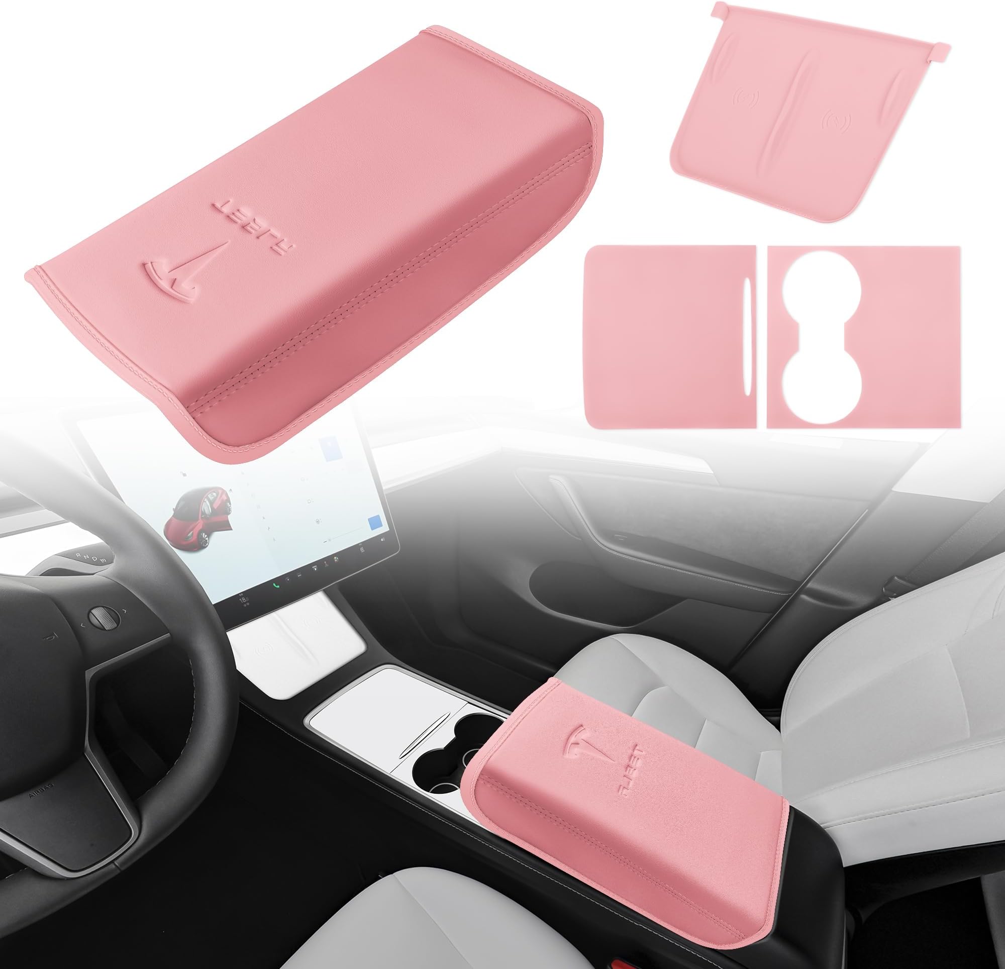 Tinlucys Center Console Cover,Interior Accessories Designed for Tesla Model 3 Model Y,Leather Armrest Cover,Center Console Wrap Cover,Waterproof Wireless Charger Silicone Mat.(Pink 3Pcs)