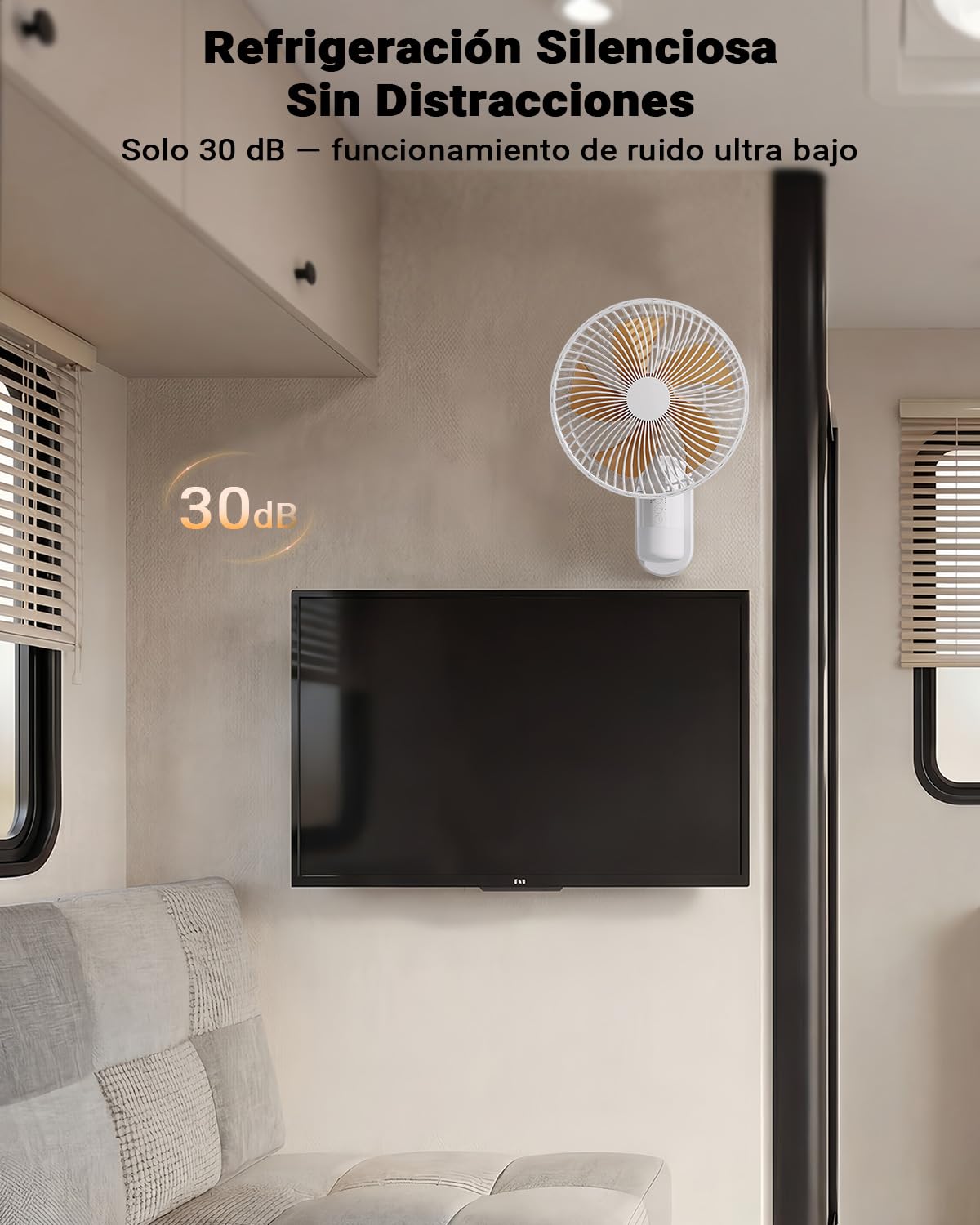 Ventilador de Pared 26 cm con Luz y Control Remoto, Silencioso 30 dB, Flujo de Aire Potente 5,2 m/s, Temporizador, Oscilación 90°, 4 Velocidades, Inclinación 180° para Dormitorio, Oficina,Autocaravana