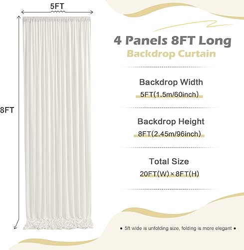 Miniatura 5 de Cortina de telón de fondo marfil sin arrugas de 20 x 8 pies para fiestas, 4 paneles de 5 x 8 pies, poliéster sedoso marfil, cortinas de telón de