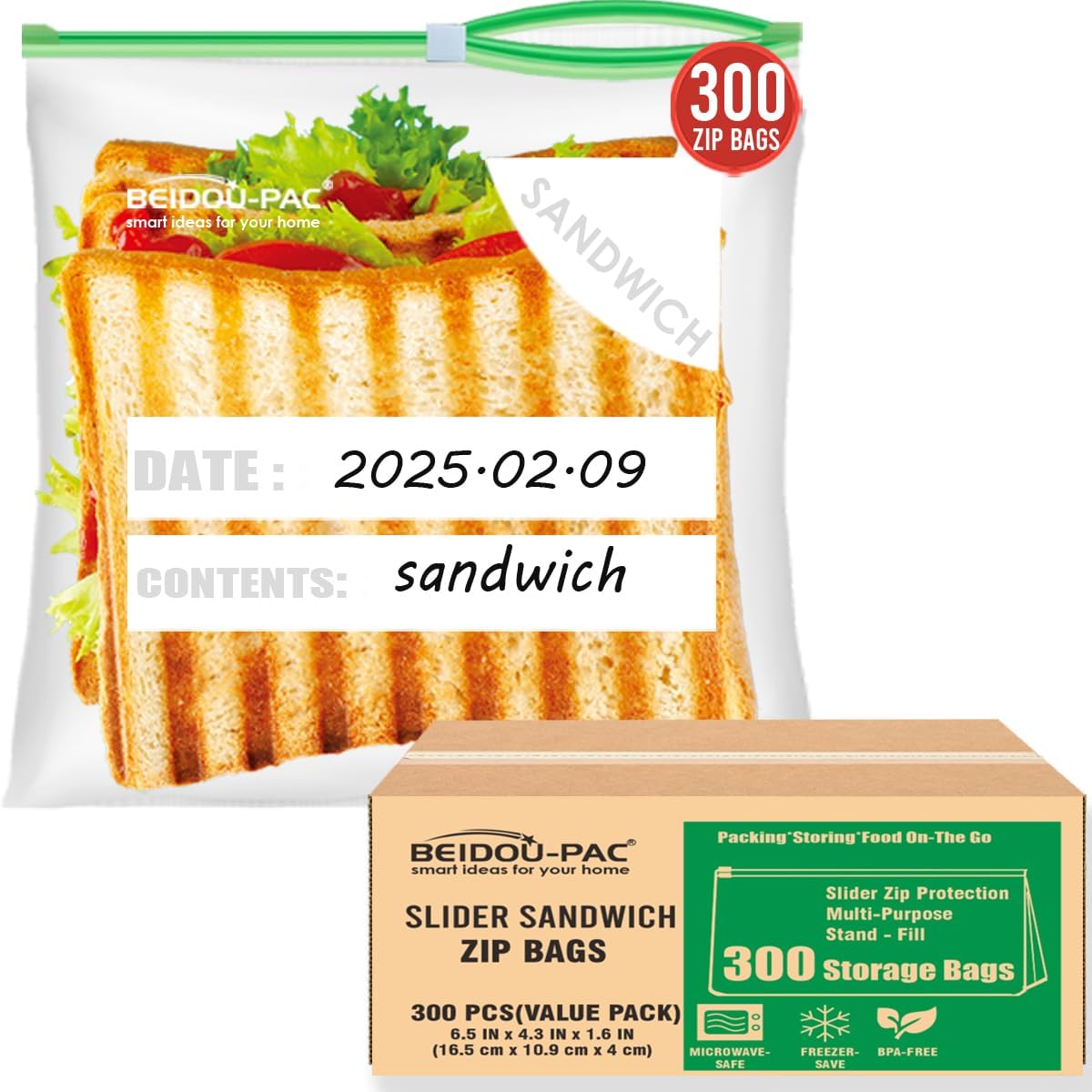 Slider Sandwich Food Storage Freezer Bags with Stand-Up Bottom, 300 Count | 2 Mil | 6.5 IN x 4.3 IN x 1.6 IN, Freshness Easy Open Reclosable Clear Plastic Bags (Slider-sandwich-300count)