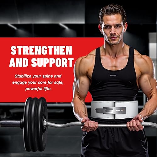 Miniatura 6 de Jaffick Cinturón de elevación de palanca Power de 0.394 pulgadas (0.394 in) de cuero genuino extremadamente resistente, soporte de espalda baja para