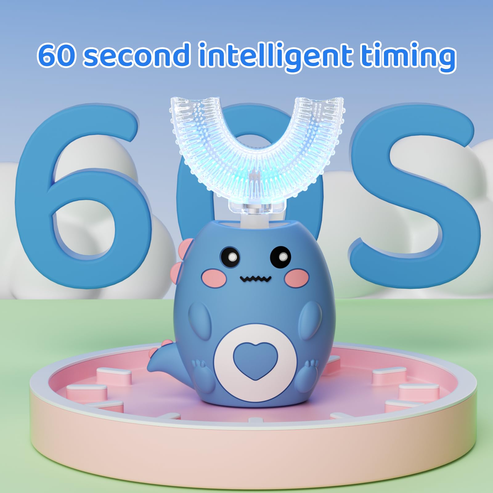 Cepillo de dientes eléctrico en forma de U para niños, con 3 modos de limpieza, con 4 cabezales de cepillo, cepillo de dientes automático sónico de 360°, IPX7 impermeable, diseño de dinosaurio de