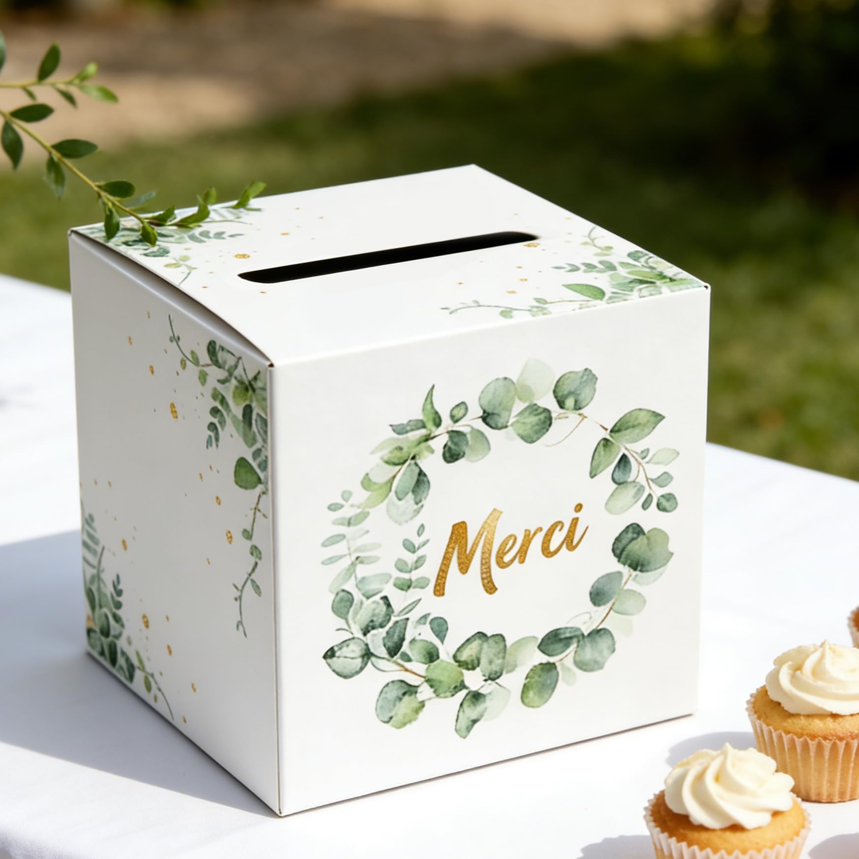 Caja de tarjetas de boda +30 piezas gracias pegatina, urna boda cartón blanco, caja de sobres de tarjetas, para boda, bautizo cumpleaños (22 cm)