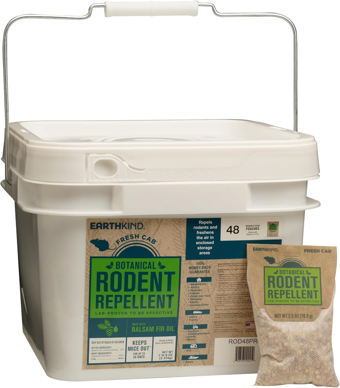 EarthKind Fresh Cab Rodent Repellent & Pouch Pod - Botanical Rodent & Mouse Repellent - Made with Plant Fibers & Essential Oils - New Packaging - 48-Pack, 1 Bucket