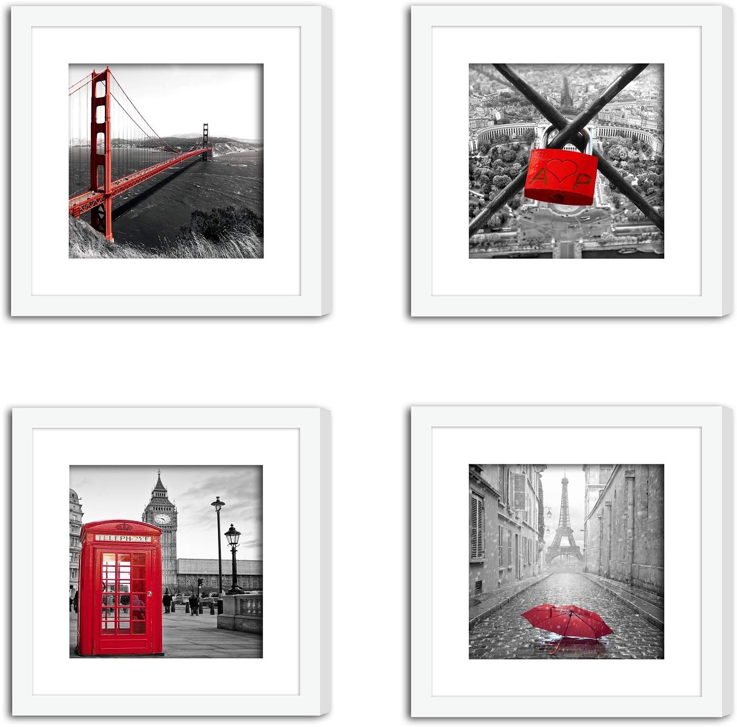 SmartWallStation 4Pcs 11x11 Real Glass Wood Frame White, with 2X Mat Fit 8x8 4x4 inch Family Kid Photo, Desktop On Wall Office City London Red Bus Golden Gate Bridge Eiffel Tower (10 Set Pictures) A