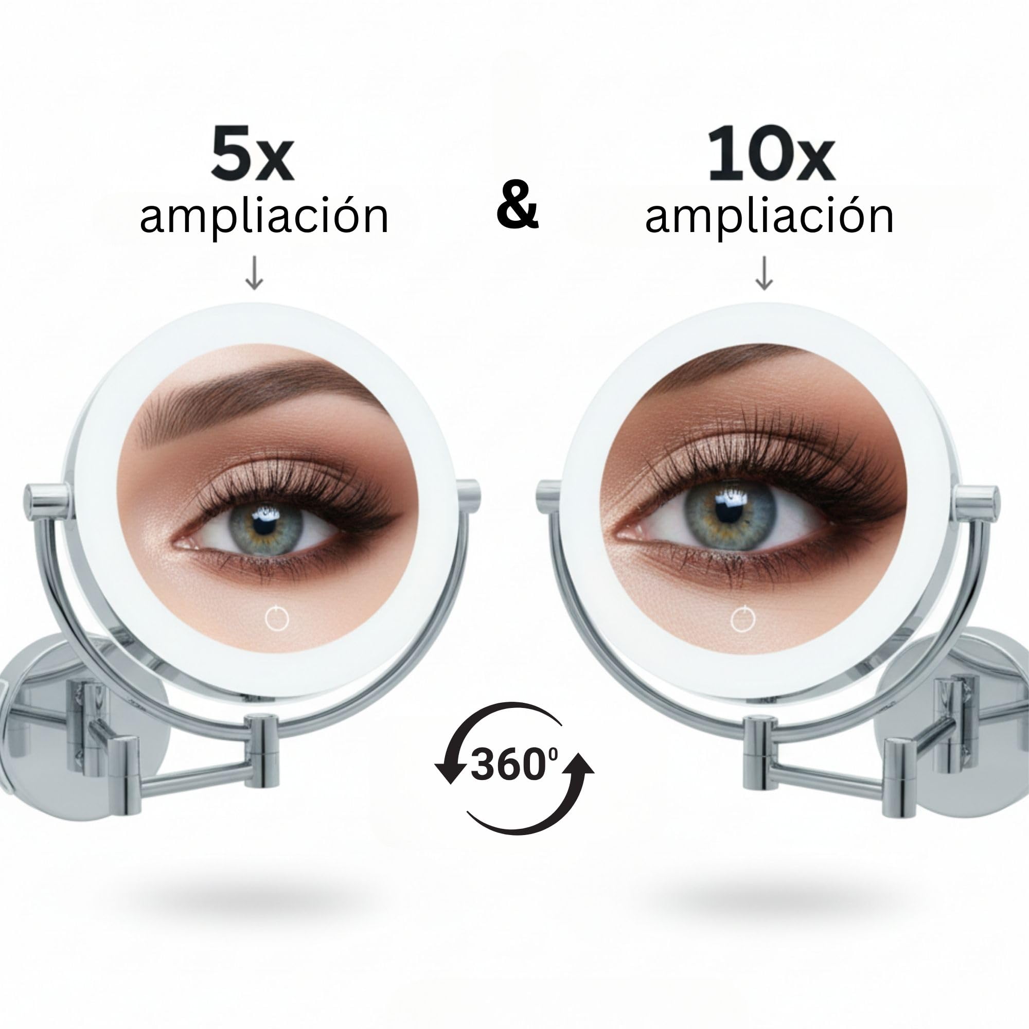 Tokio Espejo de Maquillaje de Aumento XXL de Pared a LED – Aumento 5x/10x con Atenuador y Auto-Off – Brazo Extensible Ø 18,5 cm – Alimentación a Pilas o Cable USB