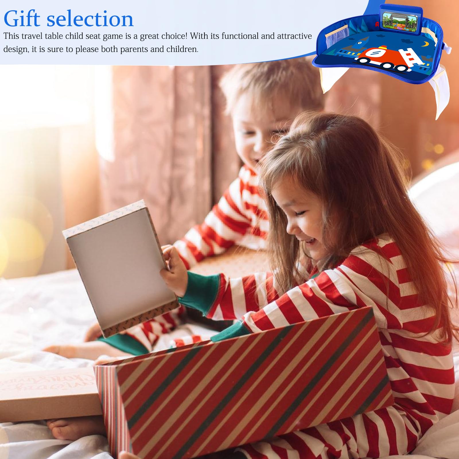 PRTIOK Tavolo da viaggio per bambini con tasche a rete: tavolino da viaggio per bambini, per giochi e tavolo da pranzo, tavolo da gioco, per passeggini, passeggini, auto, treno, blu
