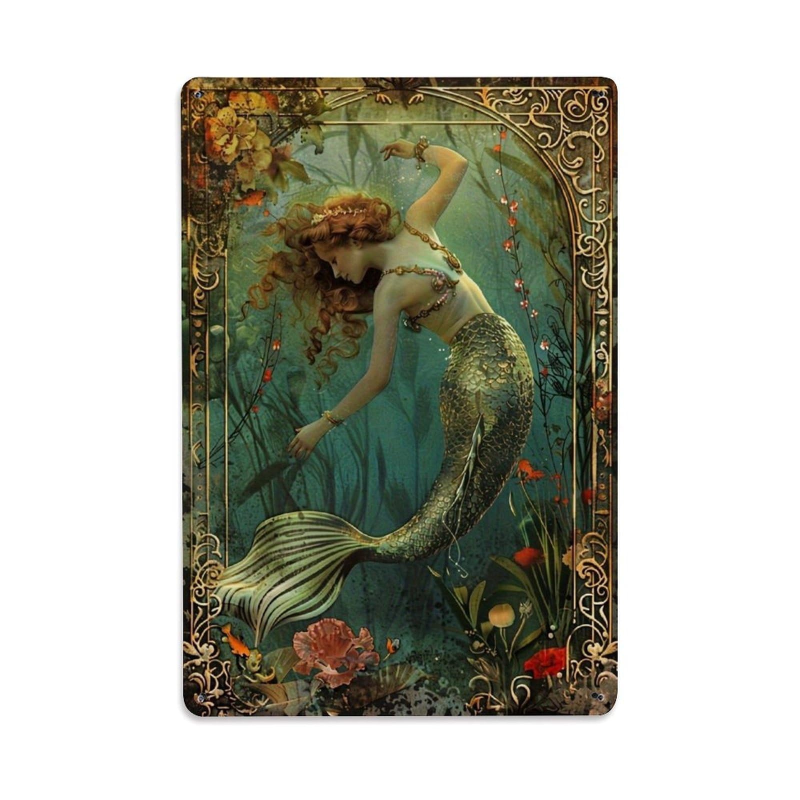 Jdfenggu Vintage Mermaid Underwater Floral Art Print Retro Metal Tin Sign, Metal Poster For Bar, Home, Man Cave, Kitchen, Laundry Room Art Decor 8X12 Inch