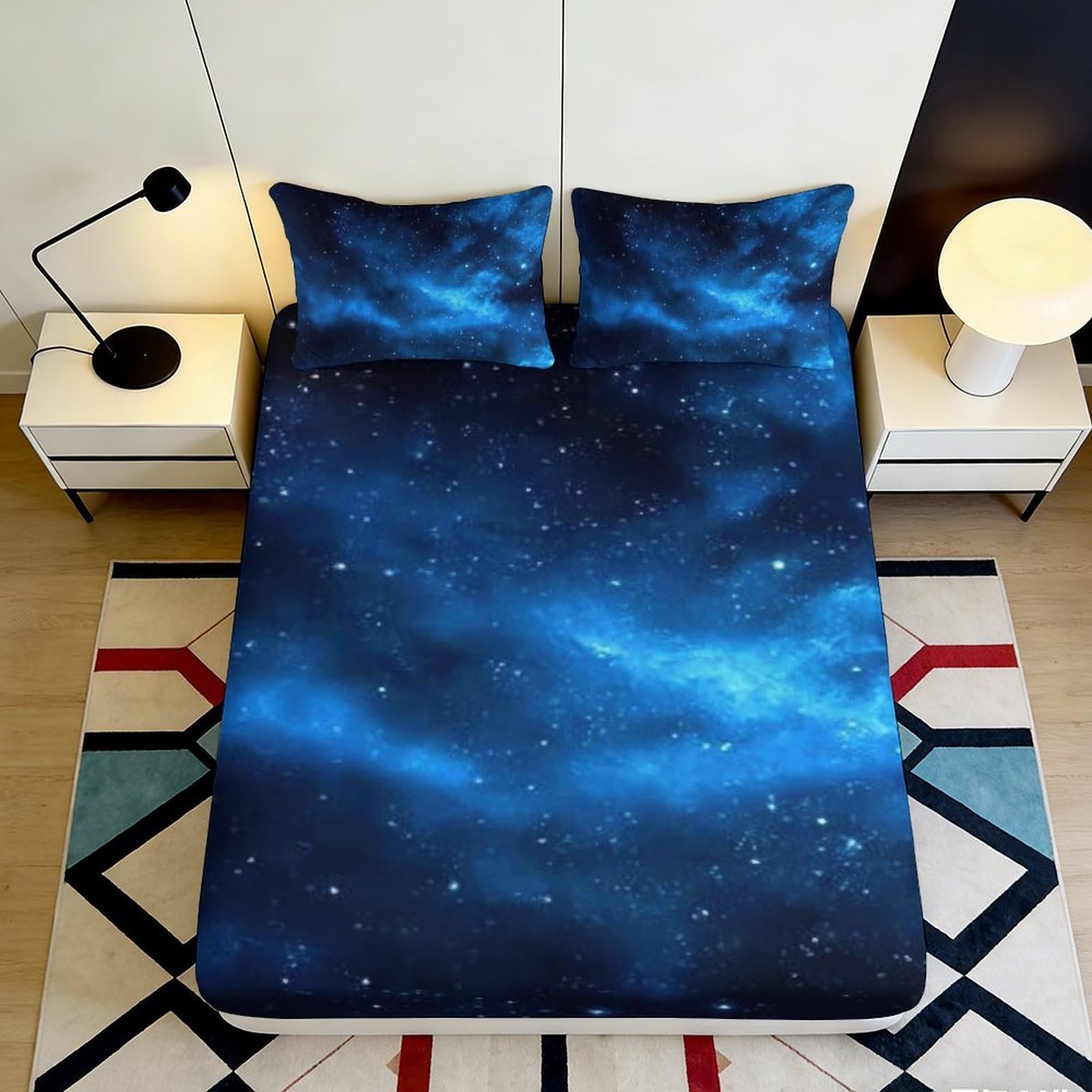 3D Printed Galaxy Starry Sky Fitted Sheet Microfiber Soft Durable Cosmic Nebula Mattress Cover for Bedroom Dormitory Guest Room Easy Care 200x200x25cm