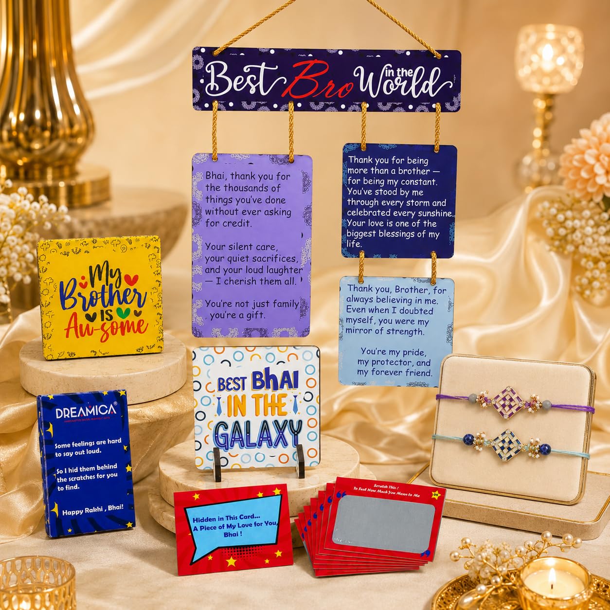 Dreamica Designer Wall Hanging, Set of 2 Rakhi, Fridge Magnet,Set of 8 Scratch Cards, Standee Showpiece, Greeting Card and Tilak Set | Best Rakhi Gift for Brother