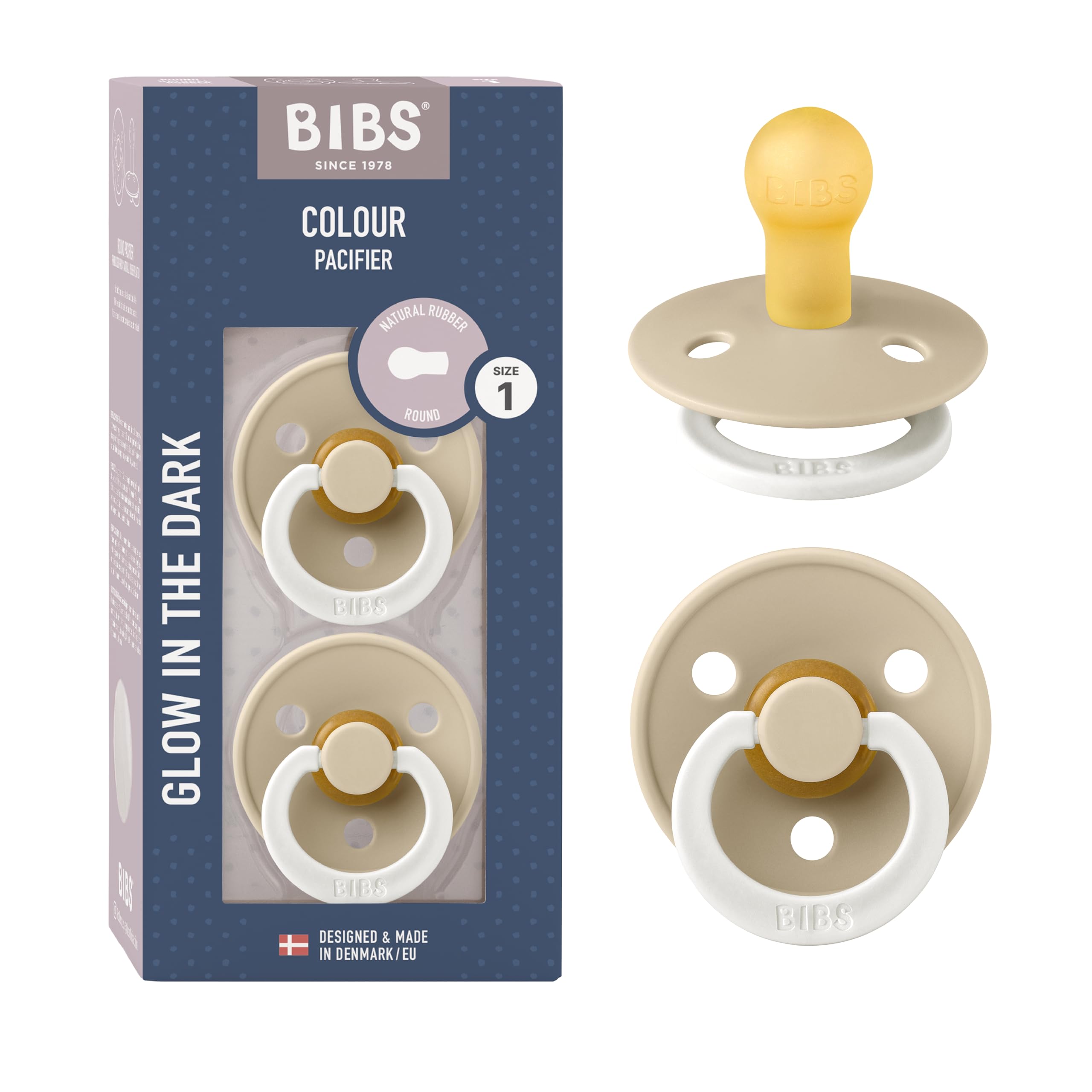 Bibs Pacifiers, Natural Rubber Baby Pacifier, Glow in The Dark, Round Nipple, Pack of 2, BPA Free - 0+ Months, Size 1- Vanilla Glow, Colour Collection