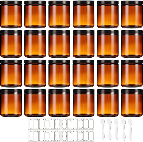 24 Pack 8 oz Amber Glass Jars with Inner Liners and Black Lids