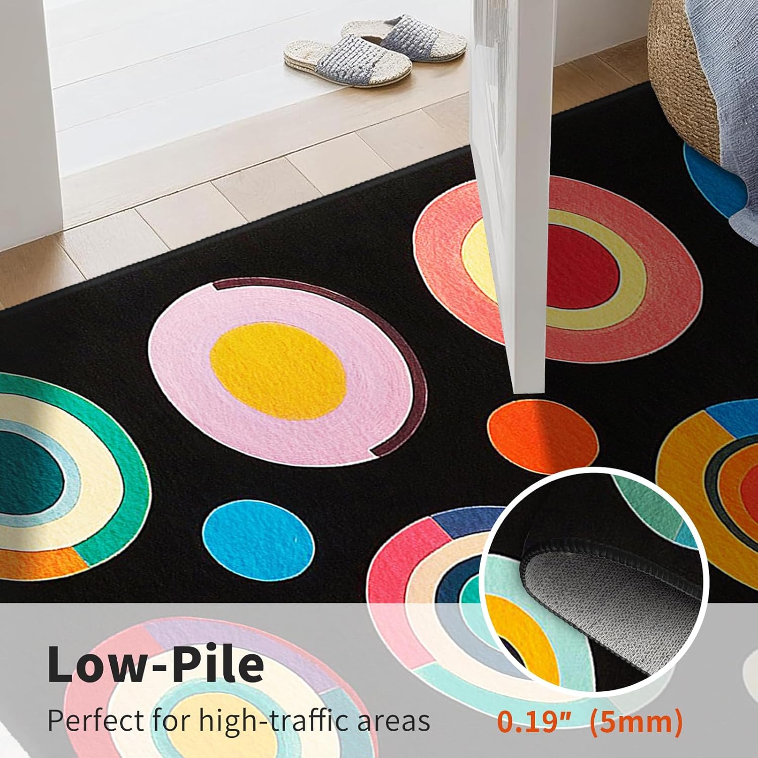 AQQA Classroom Rug,6x9 ft Colorful Circle Print Washable Area Rugs,Non Slip Thin Large Carpet for Kids Room Seating Décor, Children's Classroom, Play Carpet for Teaching and Playroom, Seats 15