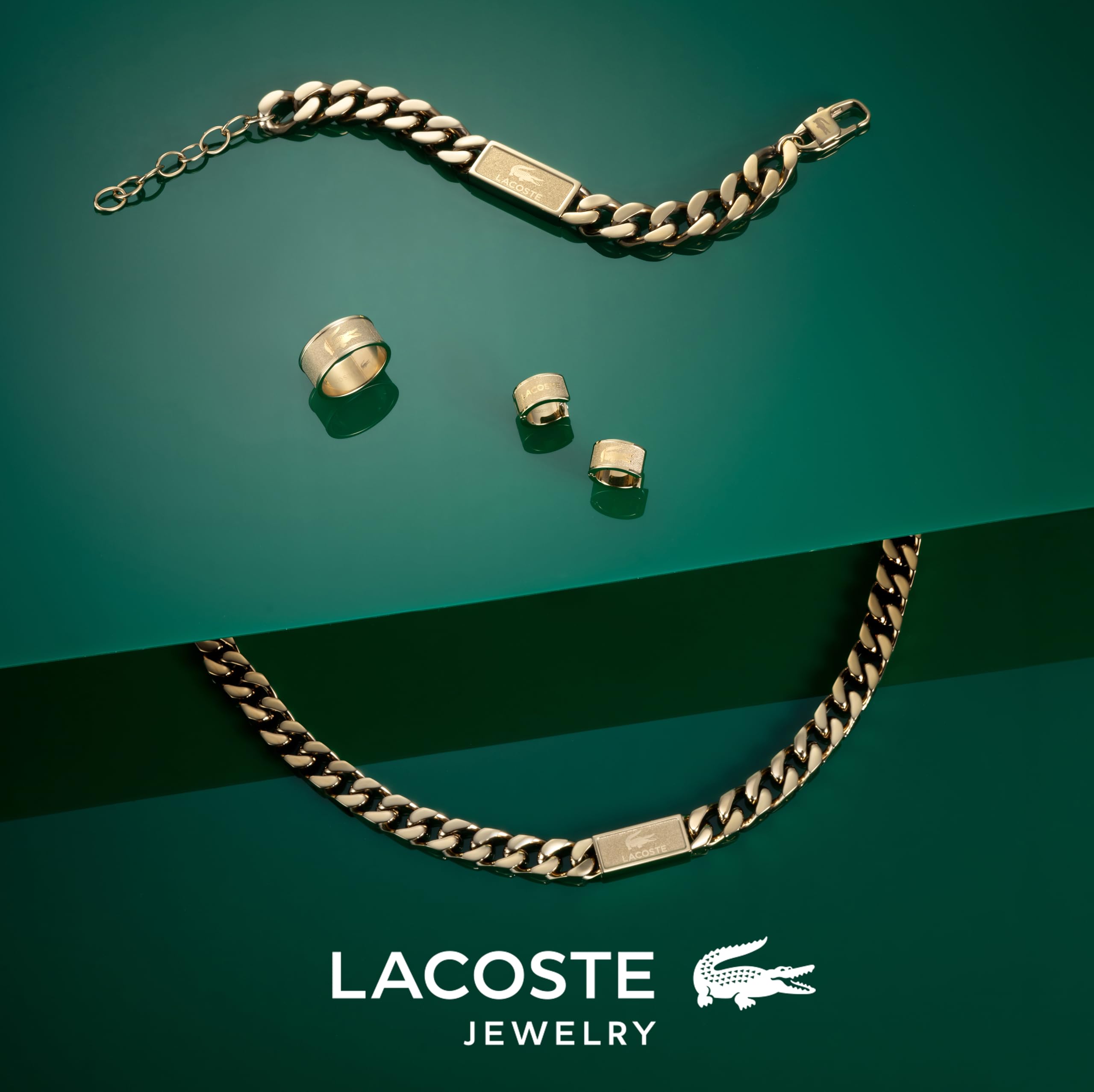 Lacoste Collar de cadena colección BACKHAND para hombre en oro amarillo con placa grabada, modelo 2040434