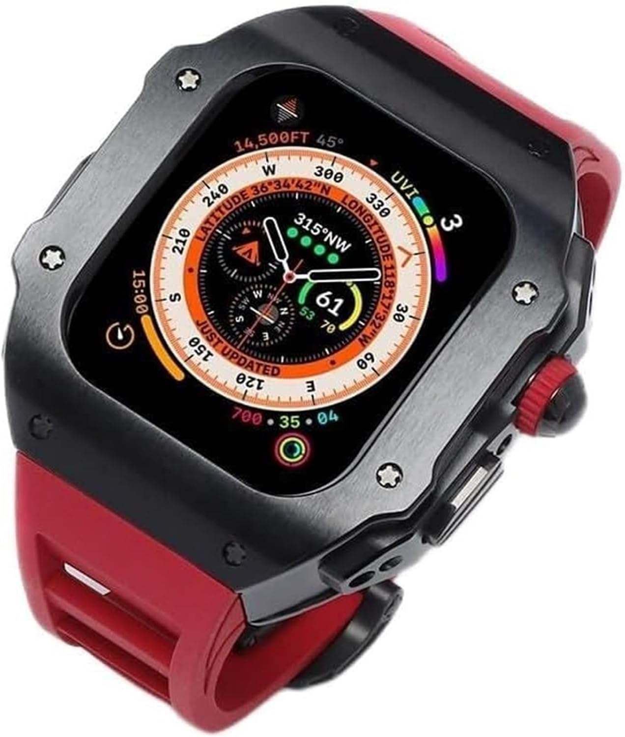 BIK 44mm 45mm 49mm Luxury Stainless Steel Watch Case Fluorine Rubber Watch Strap，For Apple Watch Series 8 7 6 SE 5 4，Metal Bezel Sport Band Mod Kit Replacement Accessorie