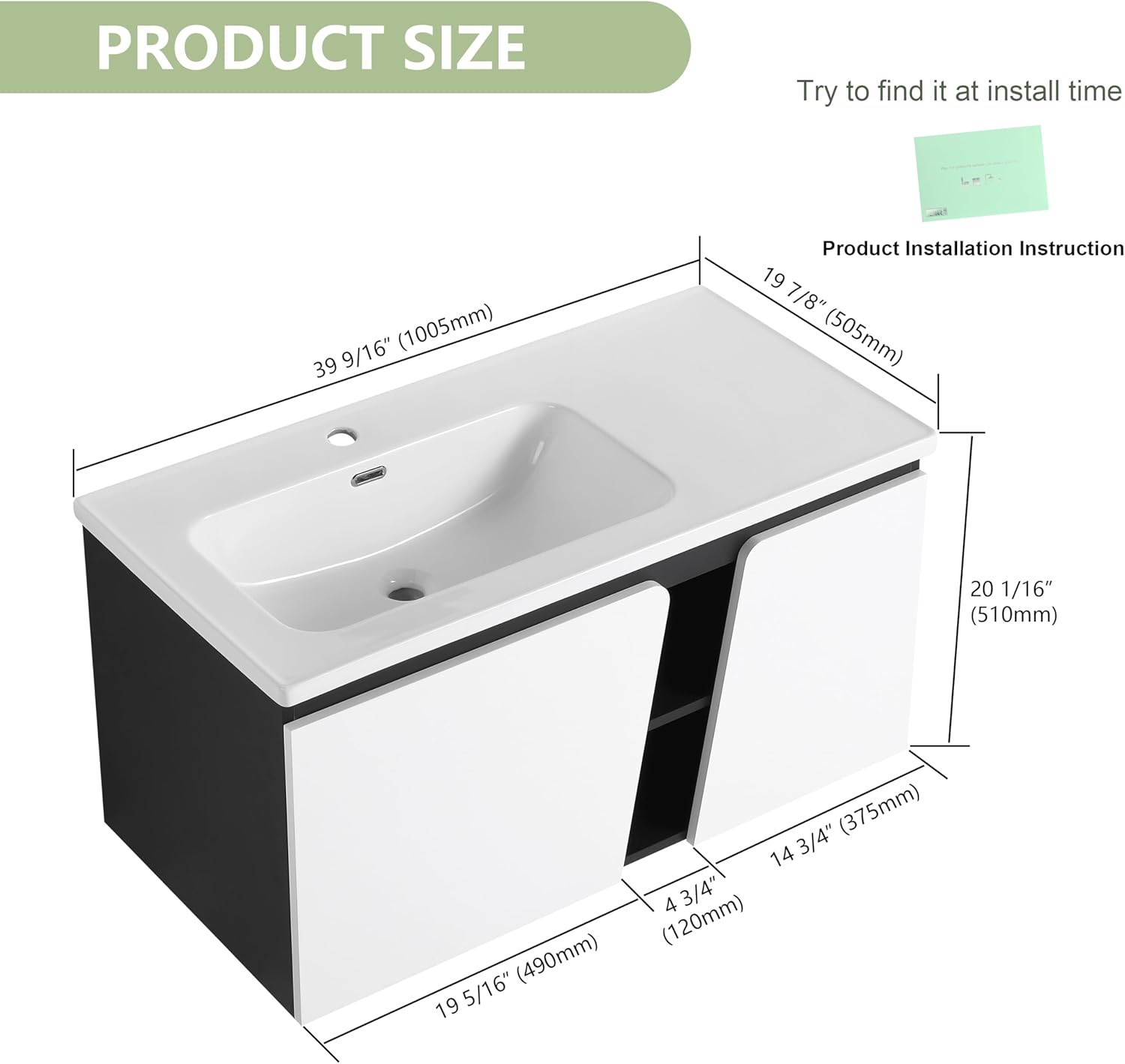 40" Bathroom Vanity with Sink, 40 Inch Floating Bathroom Vanity, Modern Bathroom Vanity,Black and White Wall Mounted Cabinet Set (BNW-084, 40''W x 20''D)