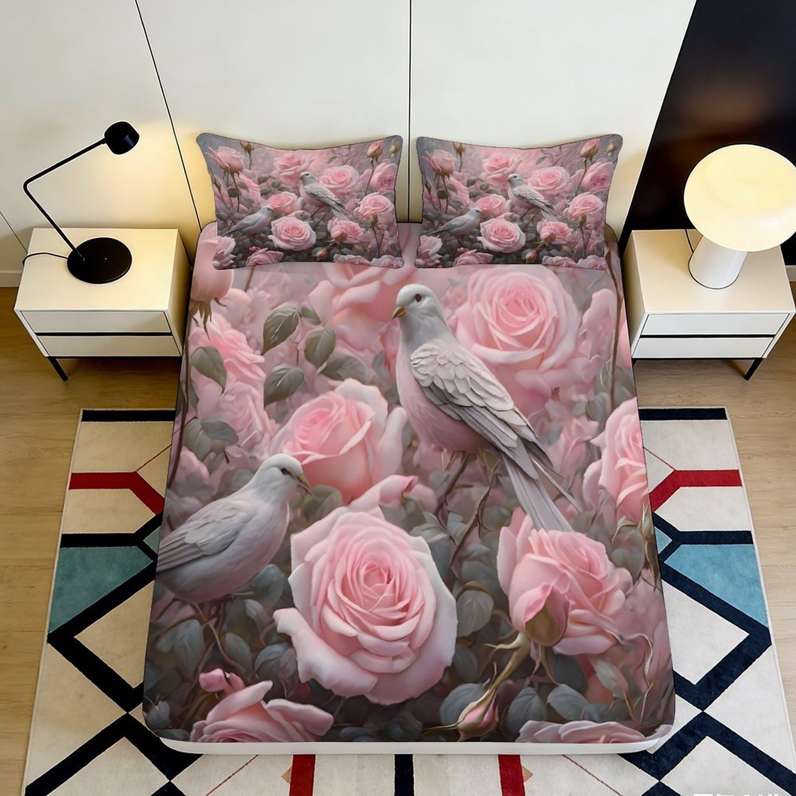 Pnayamiorkfel Style-3 3D Printed Pink Rose Dove Fitted Sheet Microfiber Soft Non-Slip Bed Cover For Bedroom Guest Room Decor 90X200x25cm