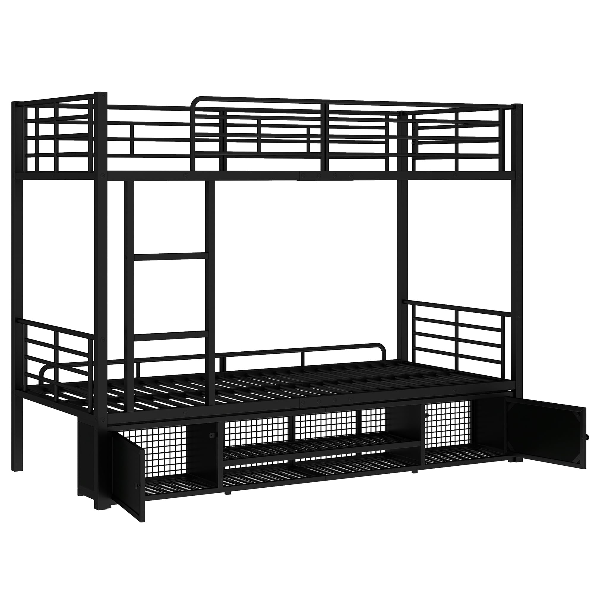 Cama con marco de hierro, litera, negro, 90 x 200 cm, zapatero abierto, armario de almacenamiento de doble puerta, con escalera lateral, rejilla protectora, sin colchón