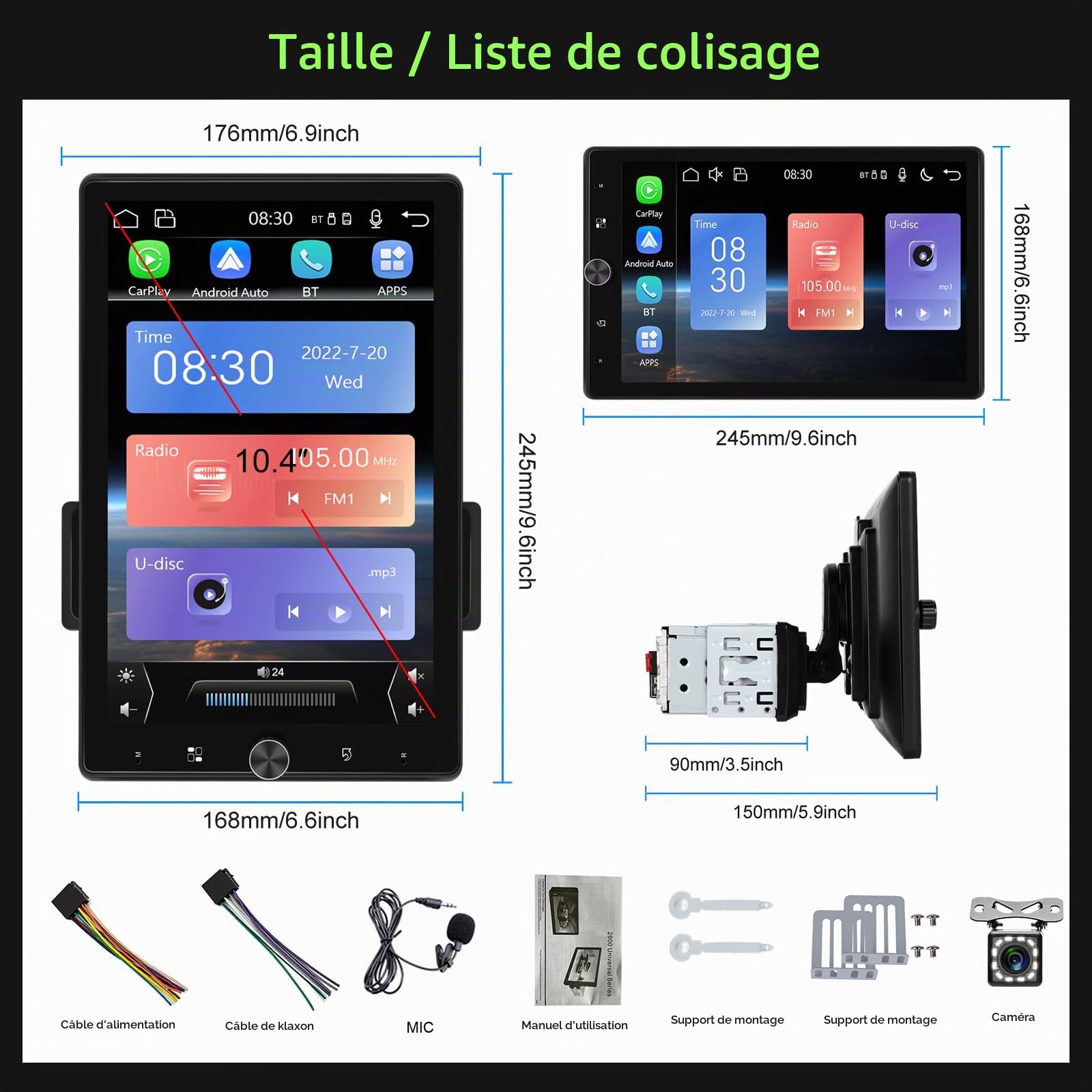 VECHTEL Autoradio 1 Din avec Carplay Android Auto Câblé, Écran Tactile Rotatif Manuel de 10.4 Pouces Autoradio Bluetooth, Radio FM, Mirror Link, 2 USB, Caméra de Recul