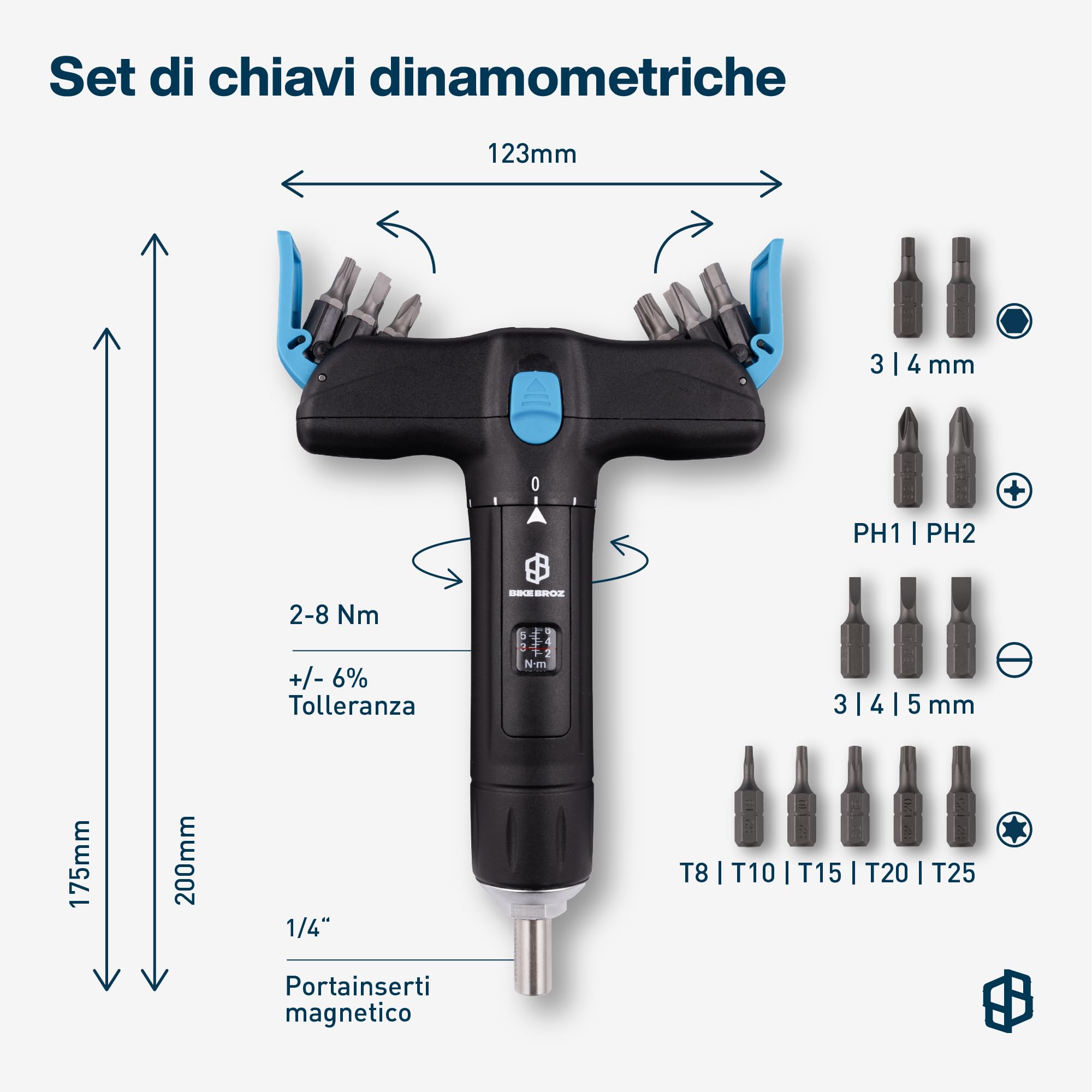 Tyson T by - Chiave dinamometrica da 1/4" per bicicletta, moto, ecc. 2-8 Nm | Cacciavite a coppia piccolo con set di punte a croce, fessura, Torx ed esagonale nel manico a T | 70003
