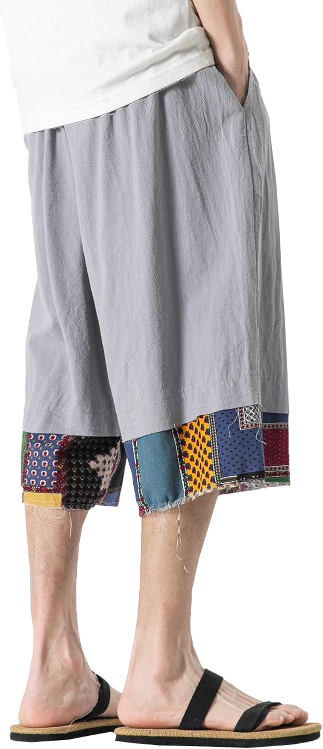 DOSLAVIDA Men's Linen Harem Capri Pants Loose Fit Yoga Beach Shorts Elastic Waist Wide Leg Baggy Cropped Trousers D-Grey