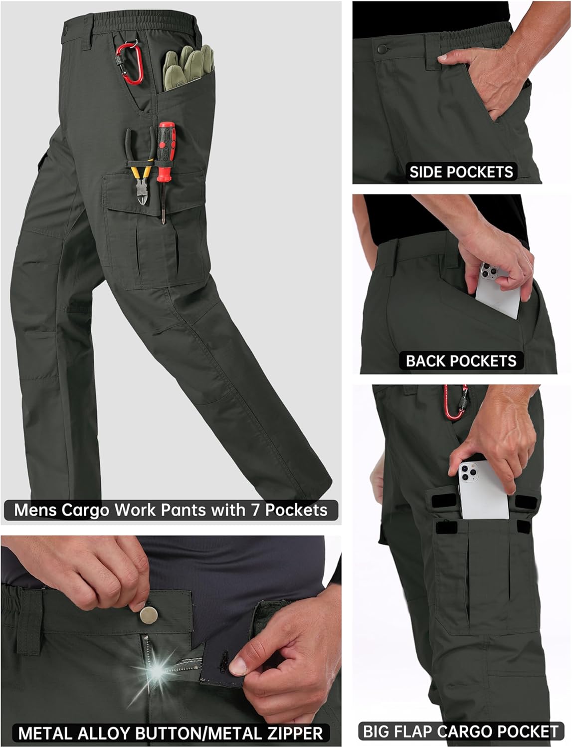 Men Work Pants Ripstop Water Resistant Cargo Pants Men with 7 Pockets Tactical Hiking Pants Construction Army Green 42Wx32L