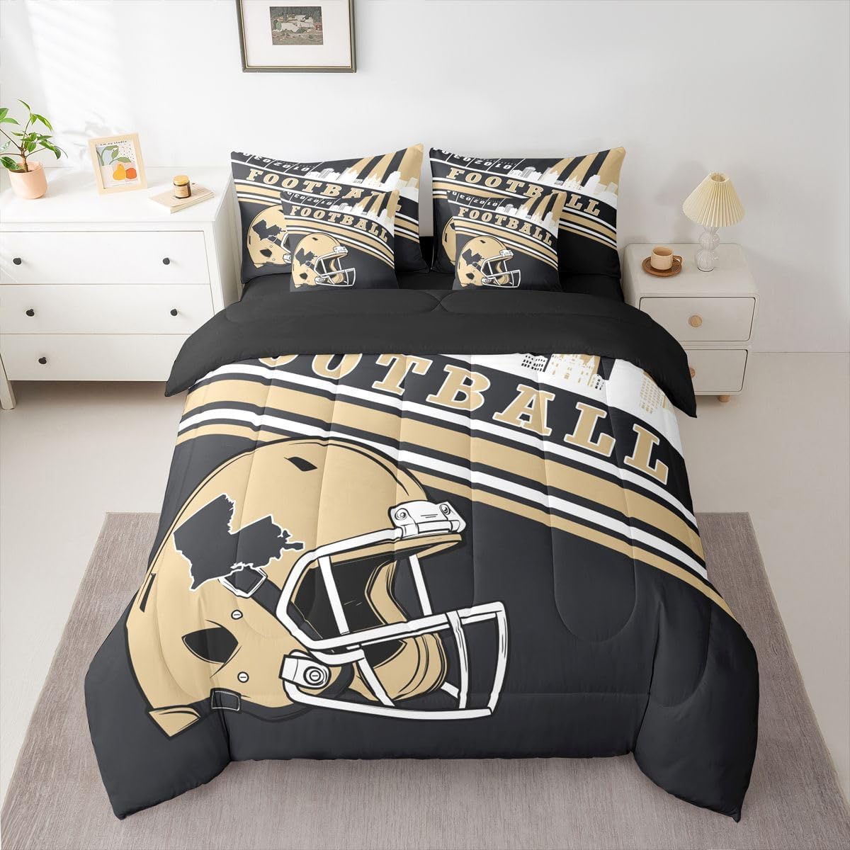 Erosebridal Sports City Comforter Set King, Gridiron Seasonal Color Bedding Sets Football Lovers Kids Rugby Comforter + Flat Sheet + Fitted Sheet + 2 Pillowcases + 2 Throw Pillow Covers