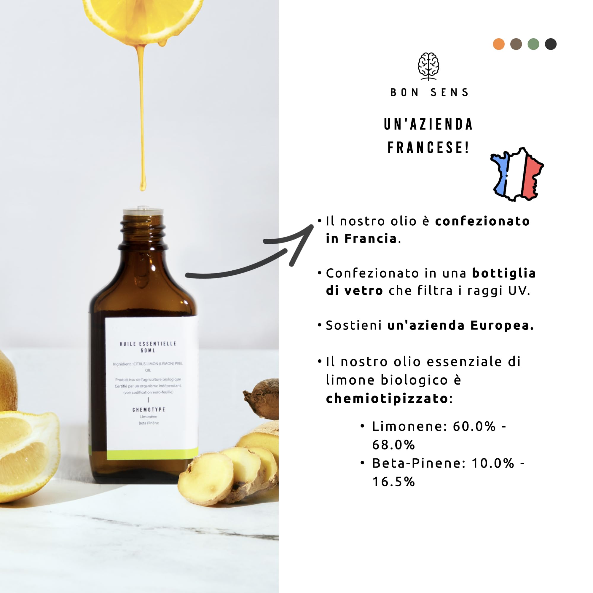 50ml Olio Essenziale di Limone BIO (Citrus limon Osbeck) - Coltivato in Italia - 100% Puro, Naturale e Biologico - Olio essenziale di Limone per Consumo, Cucina, Diffusore, Pulizia - Grado alimentare