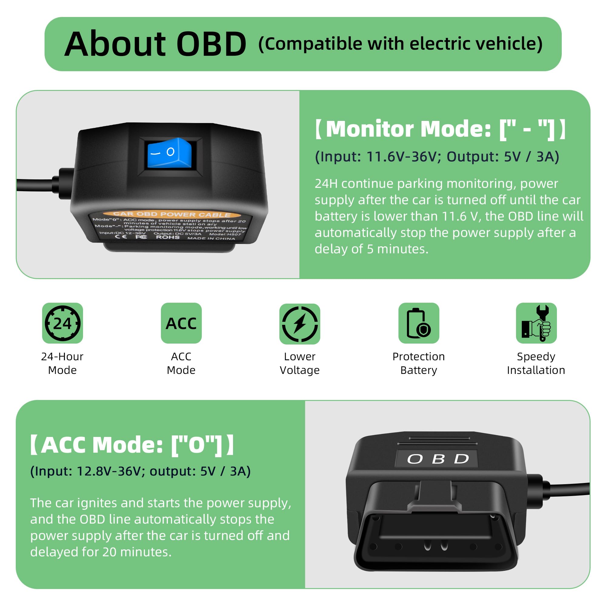 Kabel OBD na USB DashCam, Recto Micro USB do OBD2 Adapter przewodowy ze złączem przełącznika przyciskowego Kompatybilny z pojazdami elektrycznymi (11,5 ft/3,5m, Mirco R)